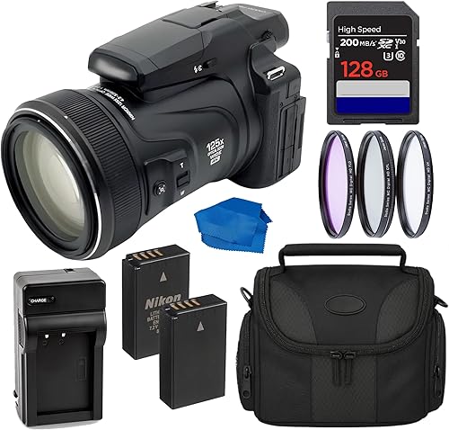 Nikon COOLPIX P1100 Cámara digital 26541 (negro) – (paquete de accesorios) SD 128GB Extreme PRO SD, bolsa para dispositivos, batería adicional,