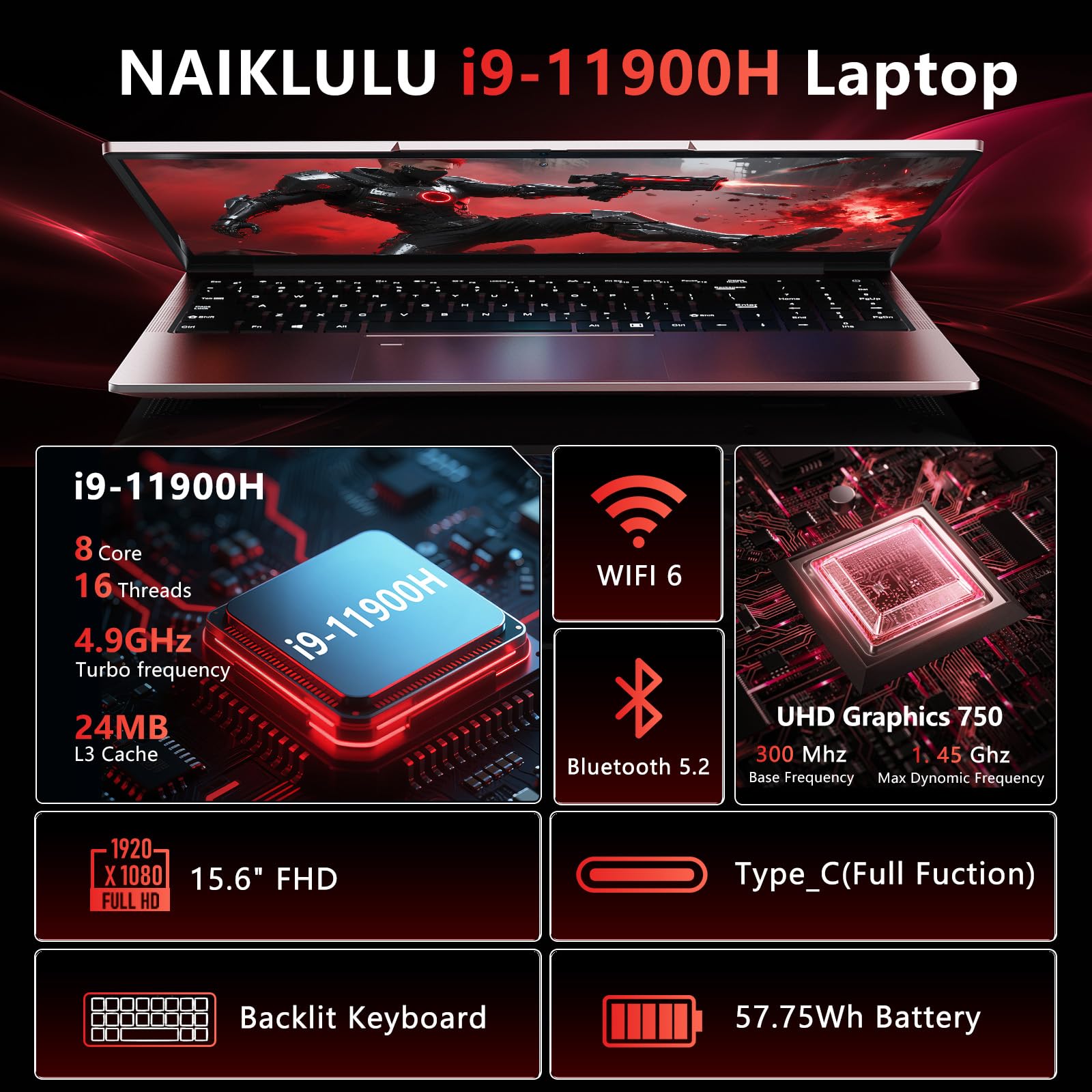 NAIKLULU Processore da 15,6 pollici per gaming computer portatile i9-11900H (2,5 a 4,9 Ghz) 16 GB RAM 1 TB SSD, Gamer Laptop 2025, tastiera retroilluminata, sblocco per impronte digitali, Webcam