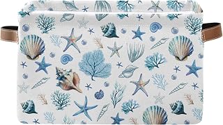 Sea Shells Starfish Rectangle Storage Basket - Ocean Themed Collection Collapsible Storage Baskets with Handles - Ocean Conch Pattern Storages Bin for Kids Clothes, Gifts, Books, Toys