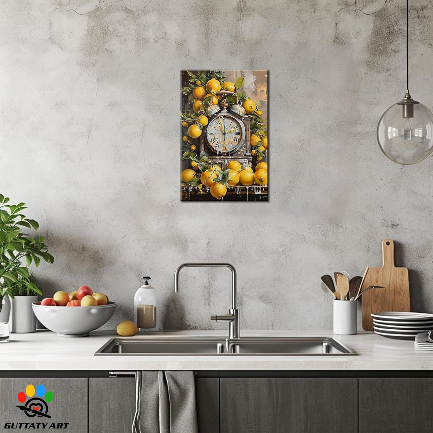 GUTTATY Lemon Fruit Kitchen Canvas Wall Art, Vintage Clock and Yellow Lemons Canvas Prints, Bright Fruit Wall Decor Pictures, Cheery Artwork Poster for Dining Room, Kitchen, Living Space, 18x24 Inch