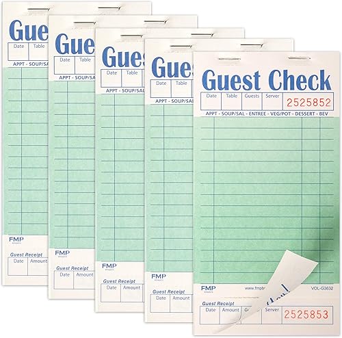 FMP Brands Libros de cheques de invitados para servidores, bloc de notas de servidor, paquete de 5 (250 hojas), verde con recibo de invitados, blocs