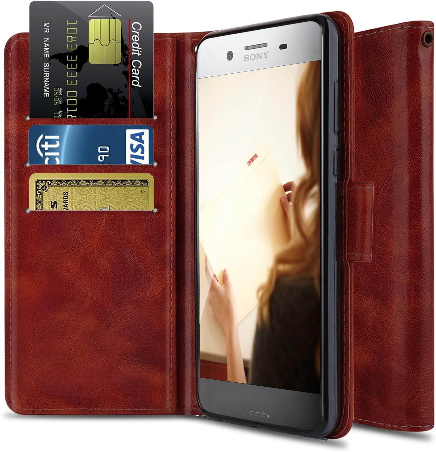 Sony Xperia XZ Premium Case , OTOONE Wallet Stand Case for Sony XZ Premium with Genuine PU Leather Flip Cover and Card Slot Holder Design for Sony XZ Premium G8141 (Burgundy)