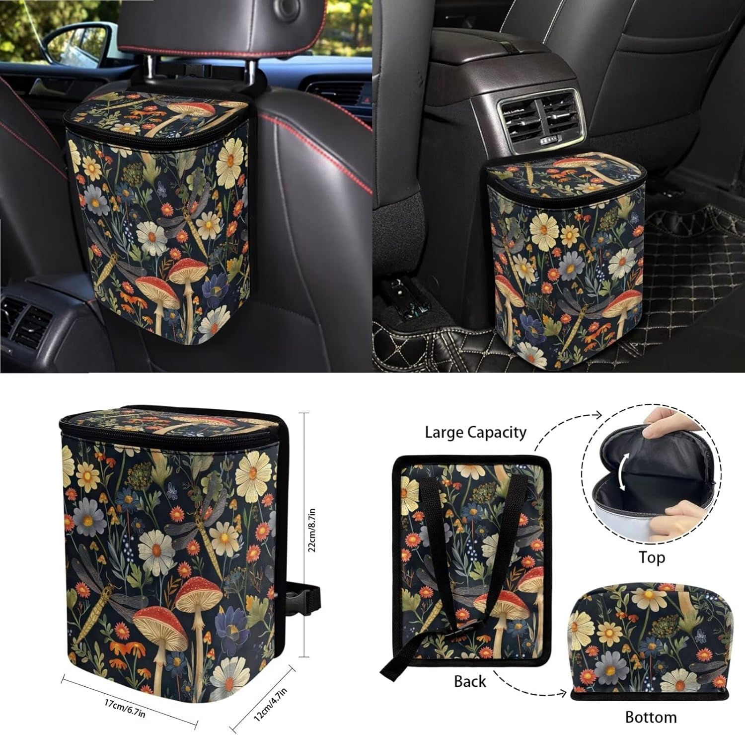 Dragonfly Mushroom Daisy 15Pcs Car Seat Cover Sets Car Steering Wheel Cover Seat Belt Cover Trash Bin Air Vent Storage Box Front Rear View Mirror Car Cup Holder Keychain