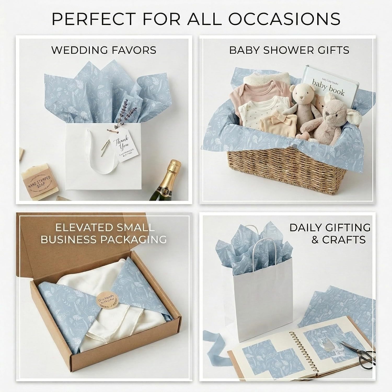 NookLife Blue Floral Tissue Paper for Gift Bags, 100 Sheets 14 x 20 Inch, Dusty Blue Botanical Printed Gift Wrap Tissue Paper for Small Business Packaging, Wedding, Baby Shower