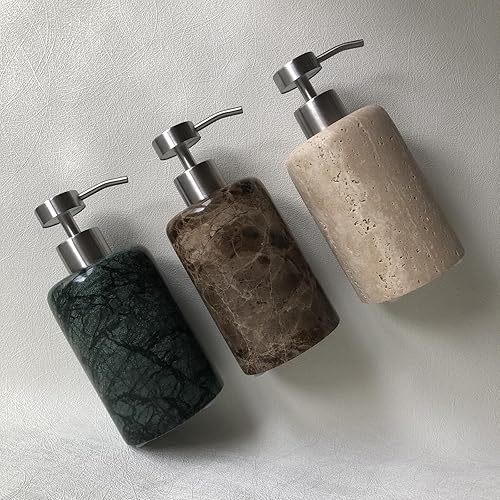 Miniatura 5 de SAIDKOCC Dispensador de jabón de mármol recargable, dispensador de botella redonda de loción con bomba de acero inoxidable para bañococina (verde