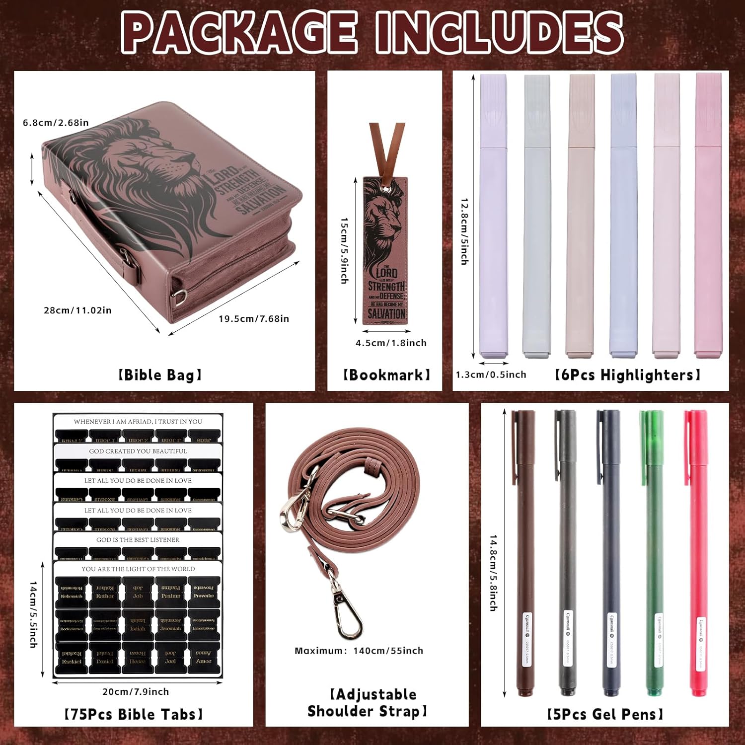 19PCS The Lord is My Strength Lion Leather Bible Cover for Men Bible Cover Cases for Mens Christian Gift Carrying Bag Journaling Kit with Shoulder Strap Highlighter Pens & Book Marker Study Supplies
