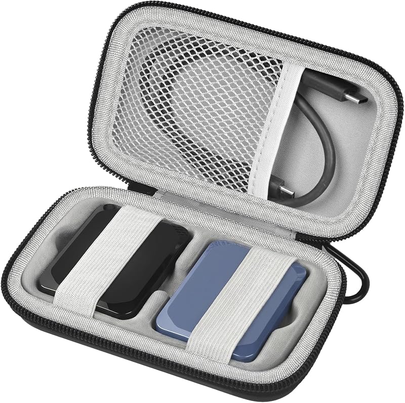 Portable SSD Case for Crucial X10 Pro/X10/X9 Pro/X9 | Removable Tray Holds 2 SSDs, Mesh Pocket for Cables, Elastic Straps and Carabiner, Hard EVA Shell, Case Only