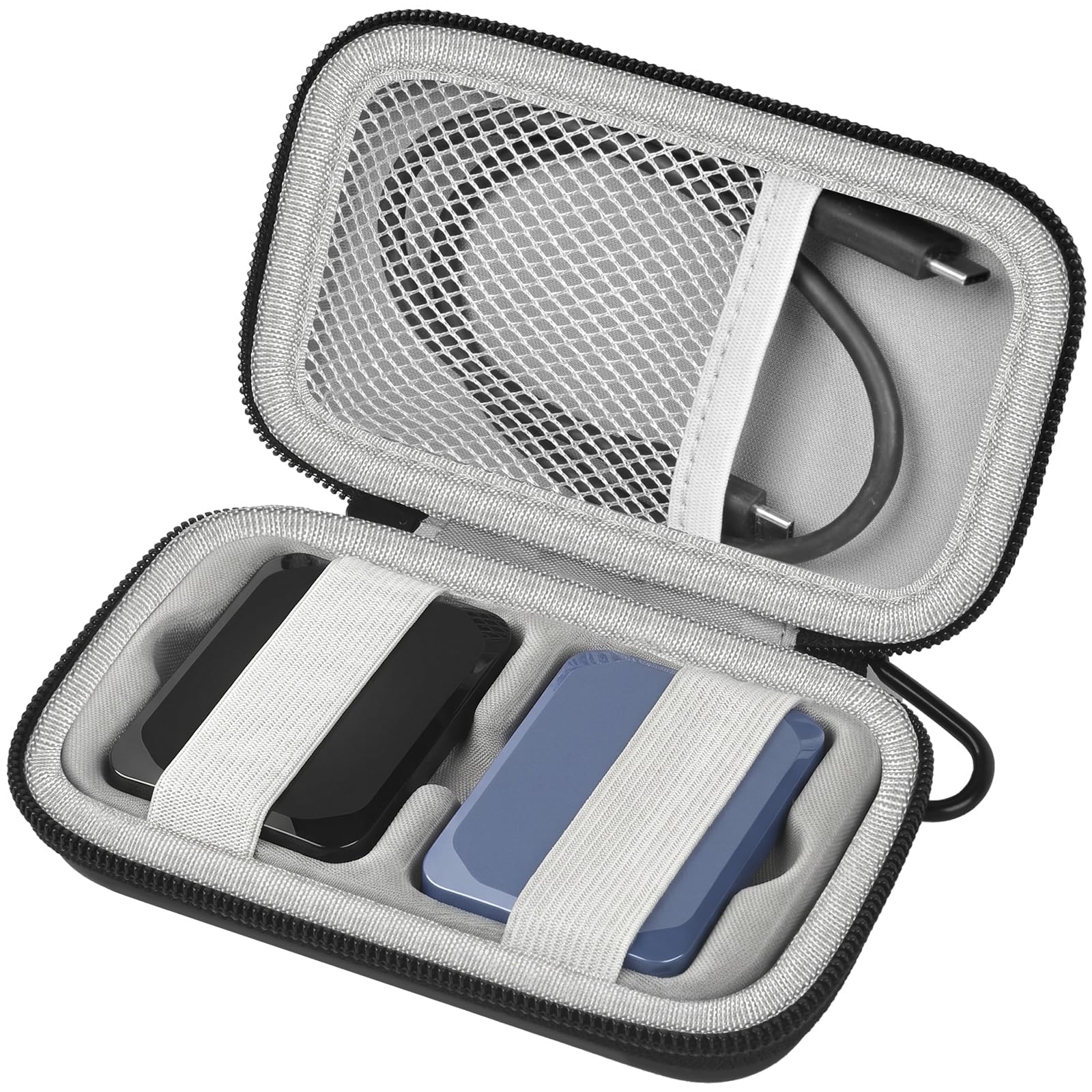 Portable SSD Case for Crucial X10 Pro/X10/X9 Pro/X9, External Hard Drive Carrying Bag for Travel, Work & Photo Backup, Removable Tray Holds 2 SSDs, Mesh Pocket, Carabiner, Case Only-image-23