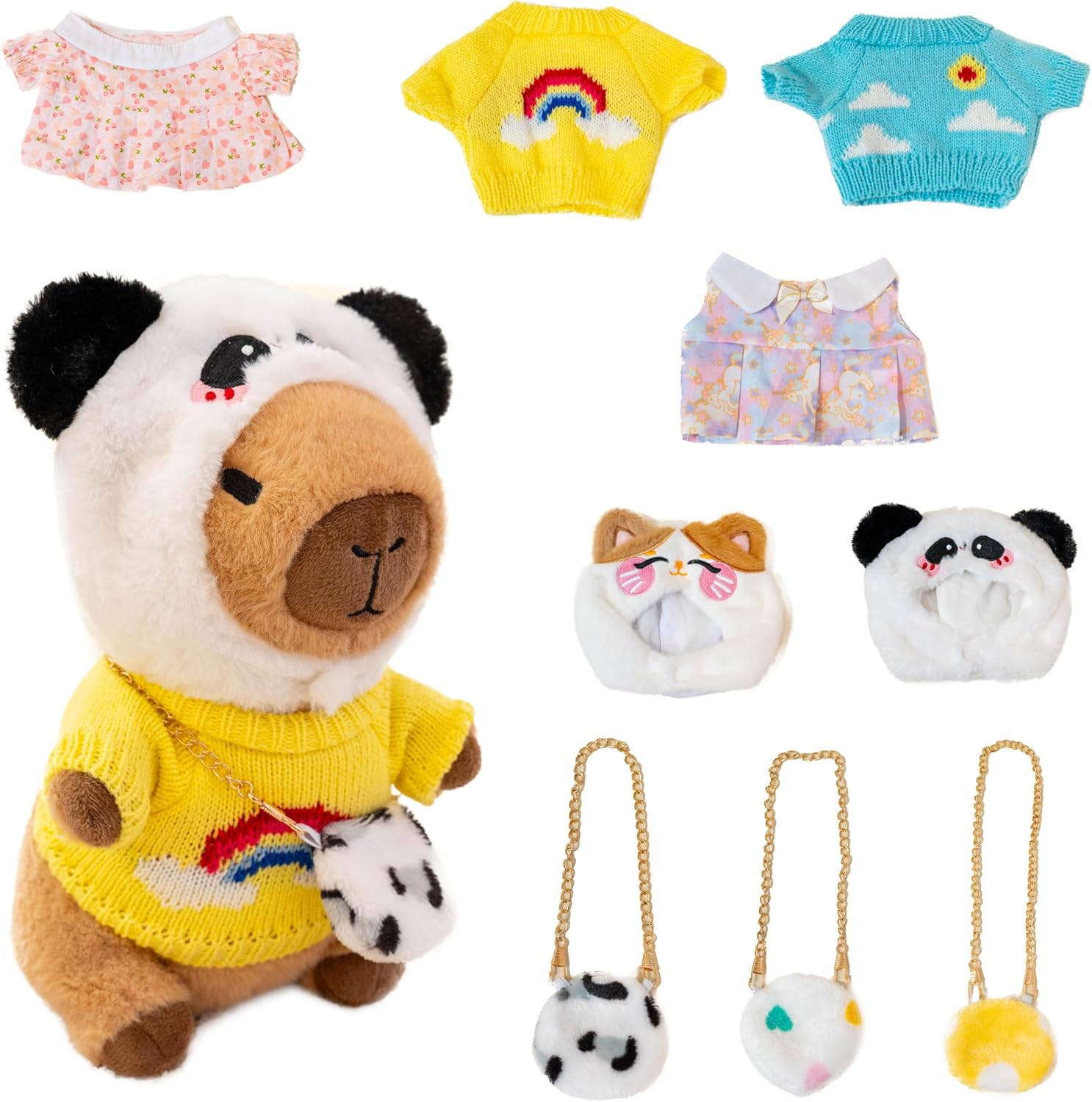 Capybara Plush for Boys Girls Birthday Dress Up Cute Plushies,10 Pcs Set,9 Clothes and Accessories Kawaii Stuffed Animal Plushie Toy, Soft Peluche Doll for Kids 10.2 in