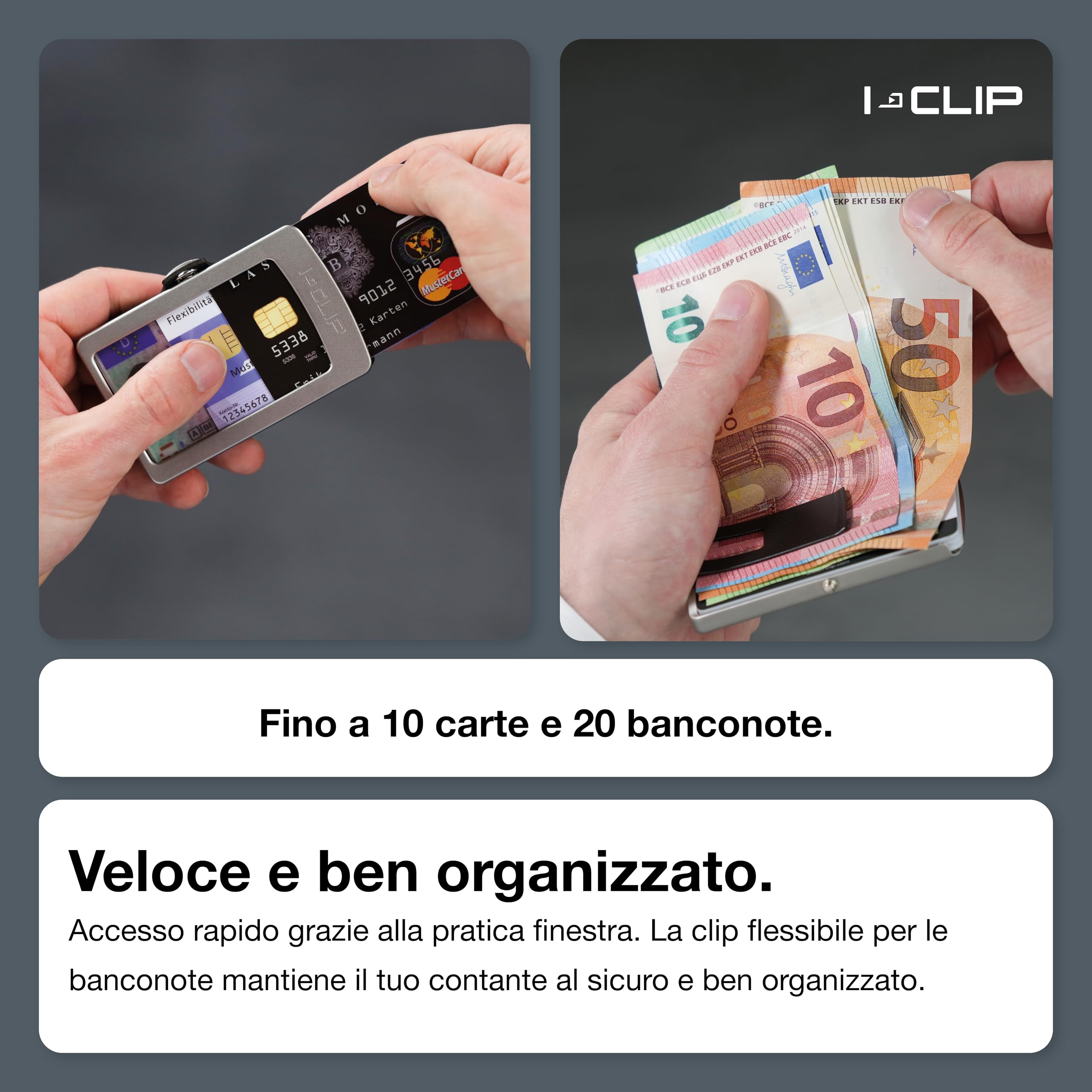 I-CLIP Steel Portafoglio Uomo Slim con Portamonete Banconote, Mini Wallet fino a 10 Carte, Pelle Nero, Telaio Acciaio Satinato