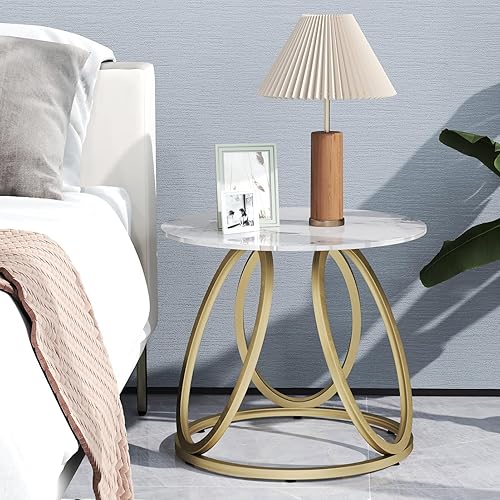 Miniatura 8 de OIOG Mesa auxiliar redonda para sala de estar, mesa auxiliar dorada con piedra natural marmoleada, mesita de noche para dormitorio