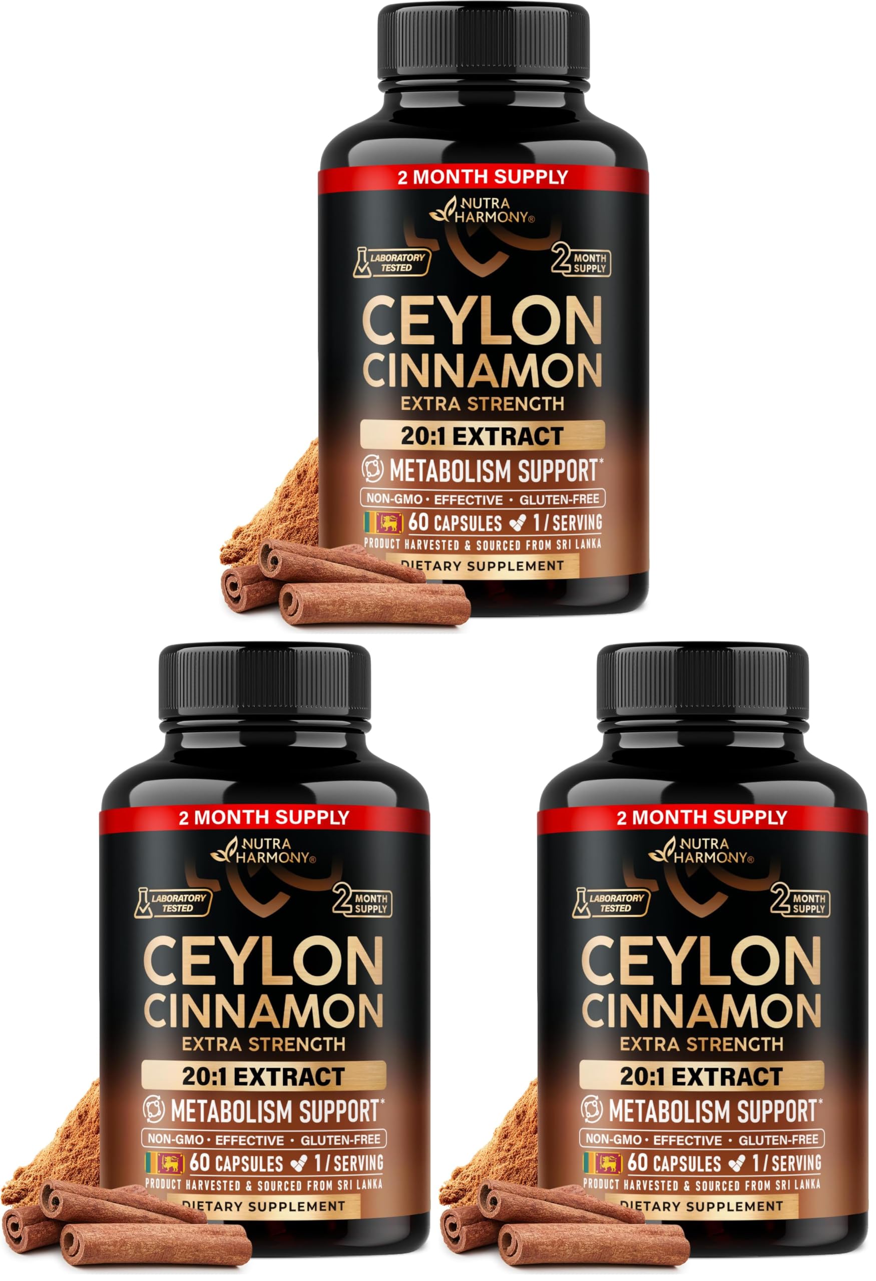 NUTRAHARMONY Ceylon Cinnamon Capsules - Energy Heart & Metabolism Support - 60 Capsules (Pack of 3) 60 Count (Pack of 3)