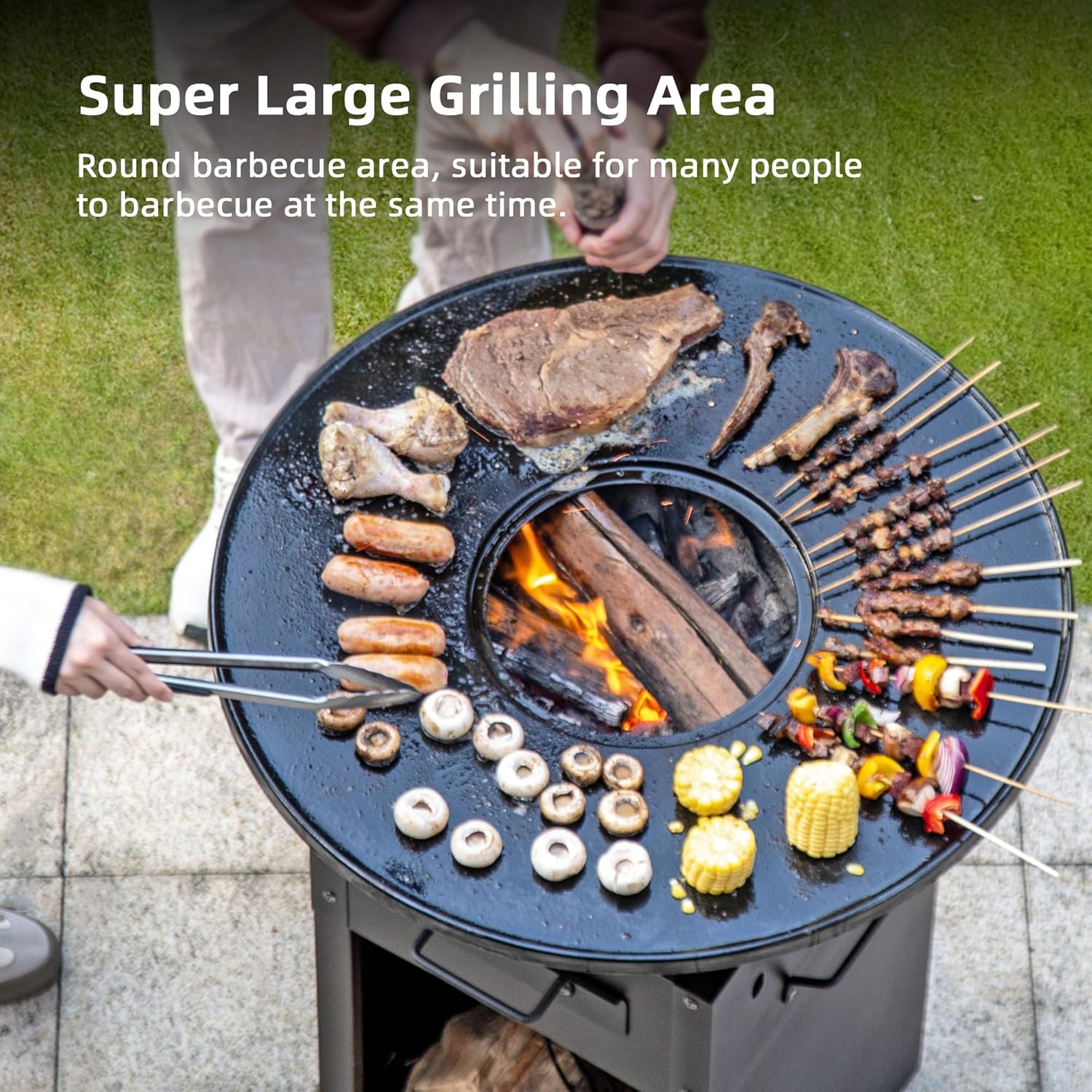MASTER COOK Plancha Grill with Large Cooking Area, Round Charcoal Grill with Versatile Design as BBQ Grill and Fire Pit, Durable and Portable for Backyard, Camping and Party Use, 33.6"*15.7"*15.7"