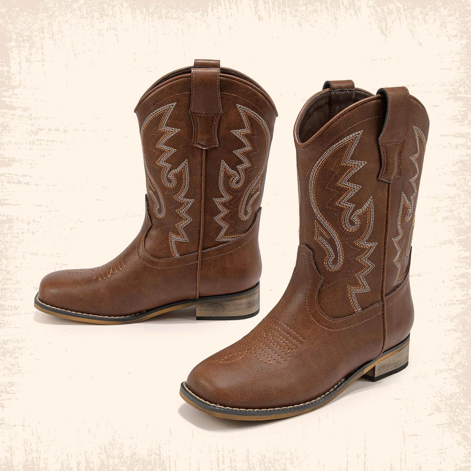 LAURMOSA Boys Cowboy Boots Western Square Toe Boots, Pull-On Mid Calf Embroidered Boots for Toddler Little Big Kid