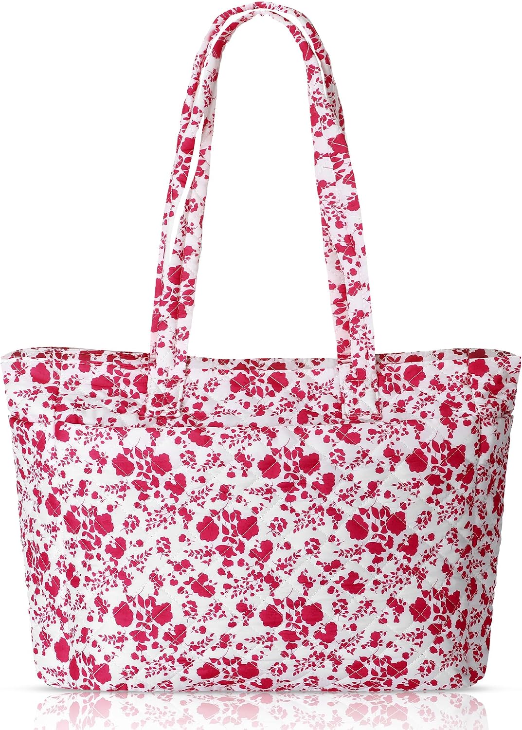 Women Blue Floral/Pink Bow Tote Bag Lightweight Puffy Tote Bag with Zipper Quilted Shoulder Handbag for Travel Work