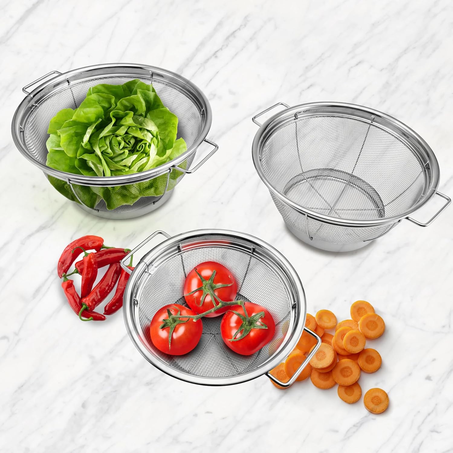 Stainless Steel Mesh Sieves Set of 3, Professional Kitchen Strainer Set with Fine Mesh, Multi-Purpose Sifter for Flour Tea Sugar Baking, Dishwasher Safe