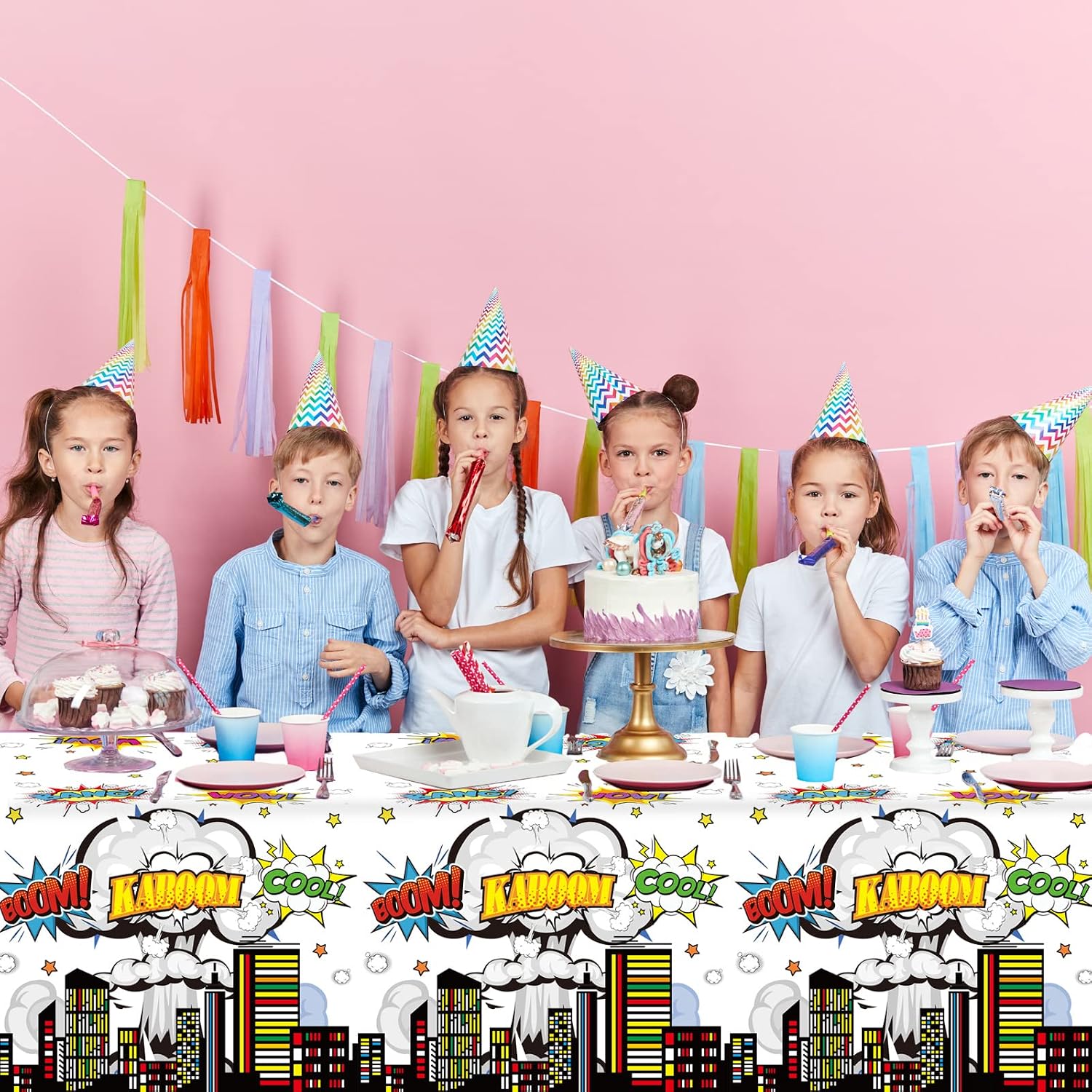 Tevxj 3 Pieces Super Theme Hero Tablecloths Hero Themed Birthday Party Supplies Heroes Action Sign Plastic Table Cover Fun Super Tablecover for Happy Birthday Baby Shower Party Decorations