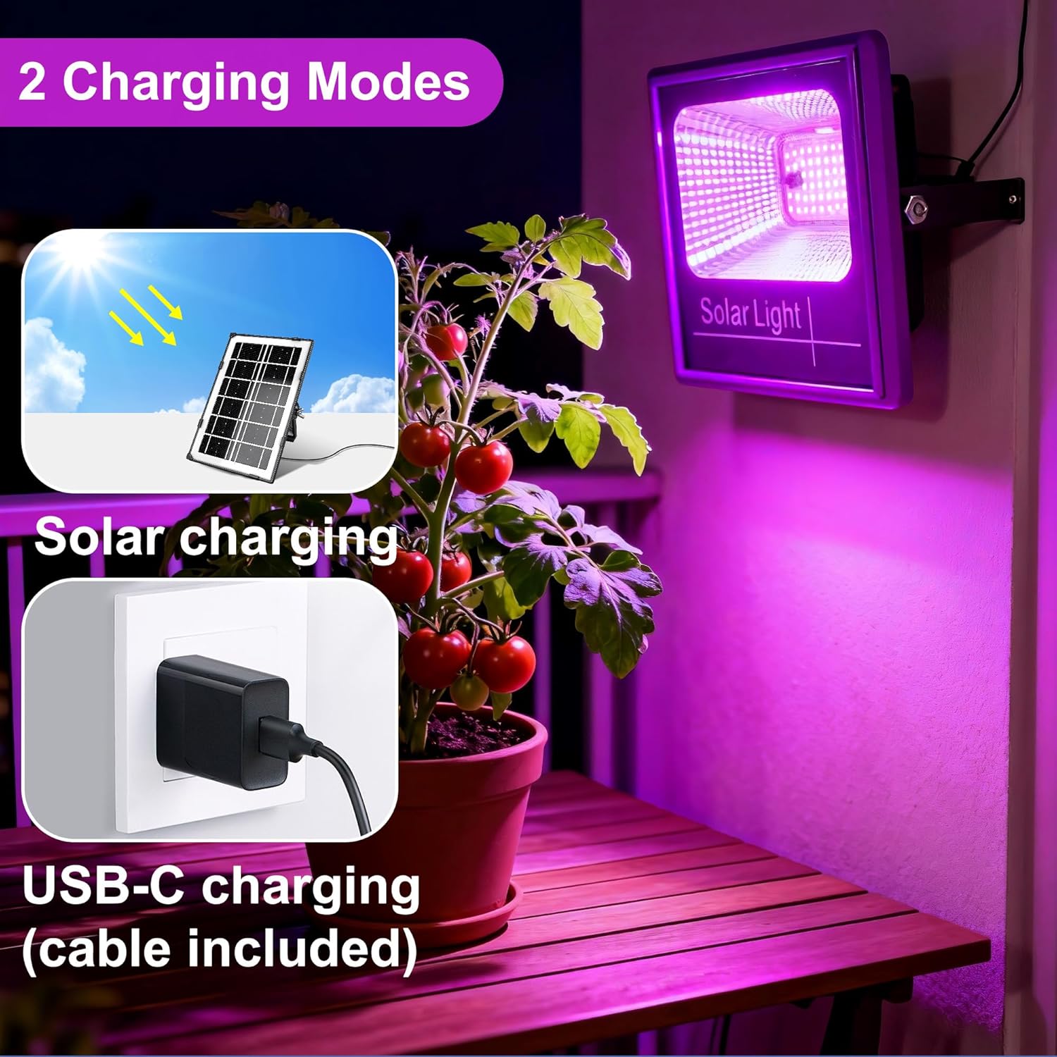 Loscarol Solar Grow Lights, Rechargeable Grow Light, Full Spectrum Plant Light for Indoor Outdoor Plants with Timer, Solar Plant Lights for Greenhouse with Remote Control and 16.4ft Cord/USB Charging