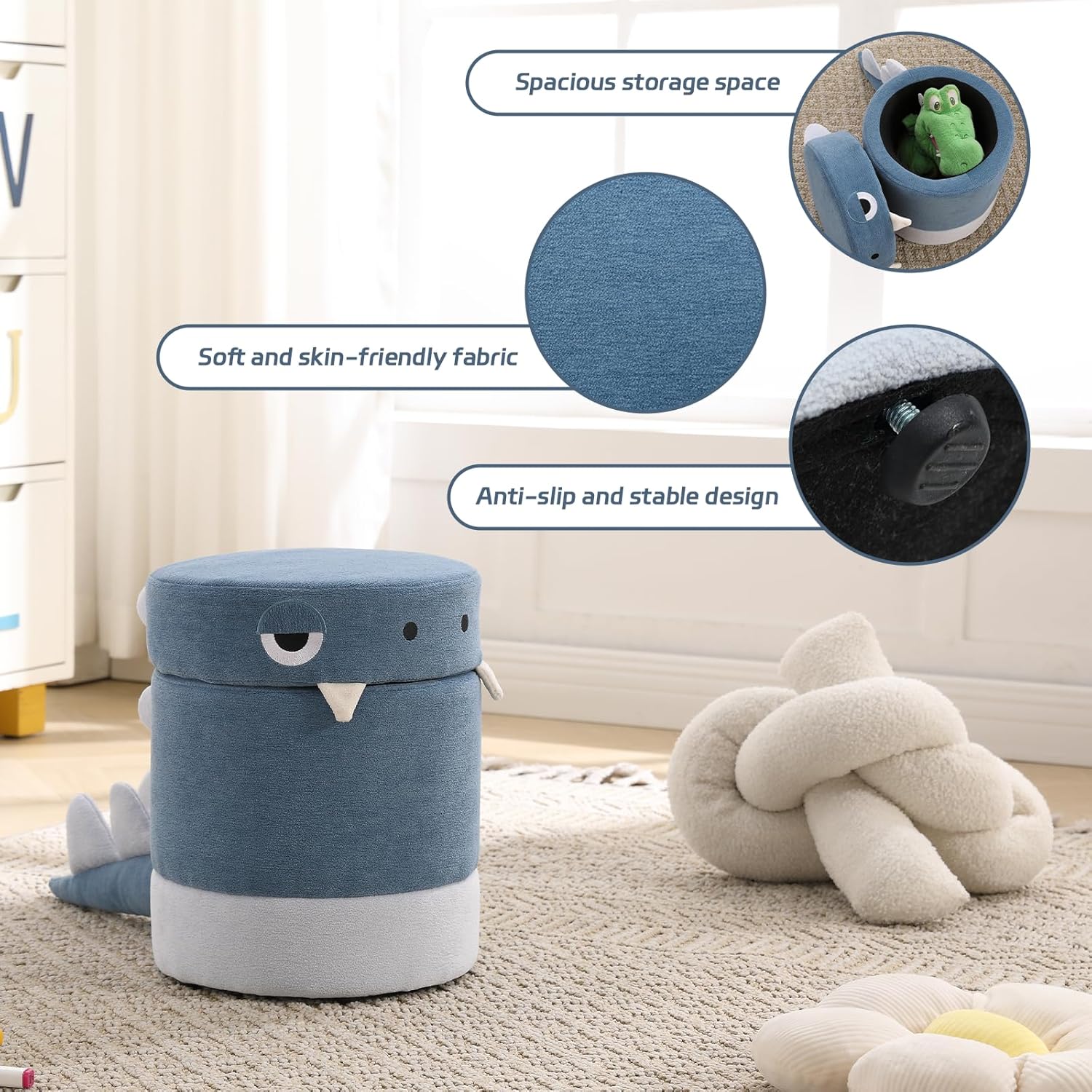 Toddler Chair, Kid Desk Chairs, Kid Furniture with Storage Ottoman, Dinosaur Storage Chair, Children Cute Desk Chair, Small Multi-Purpose Footstool for Playroom & Bedroom, Blue