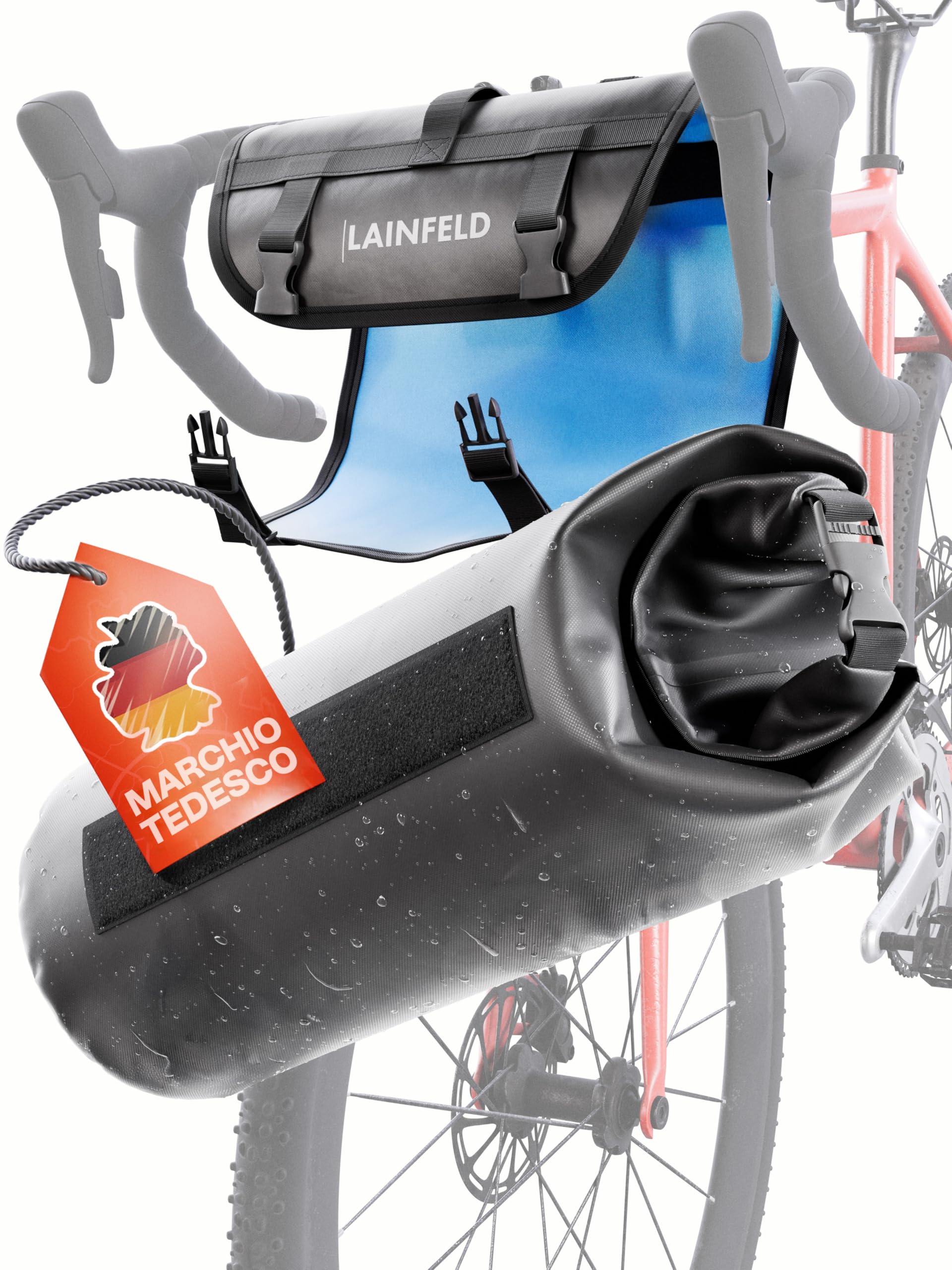 LAINFELD Borsa per manubrio bicicletta [8 litri] | 100% impermeabile | stampa riflettente – Borsa per bicicletta manubrio bicicletta anteriore bicicletta bicicletta bicicletta MTB
