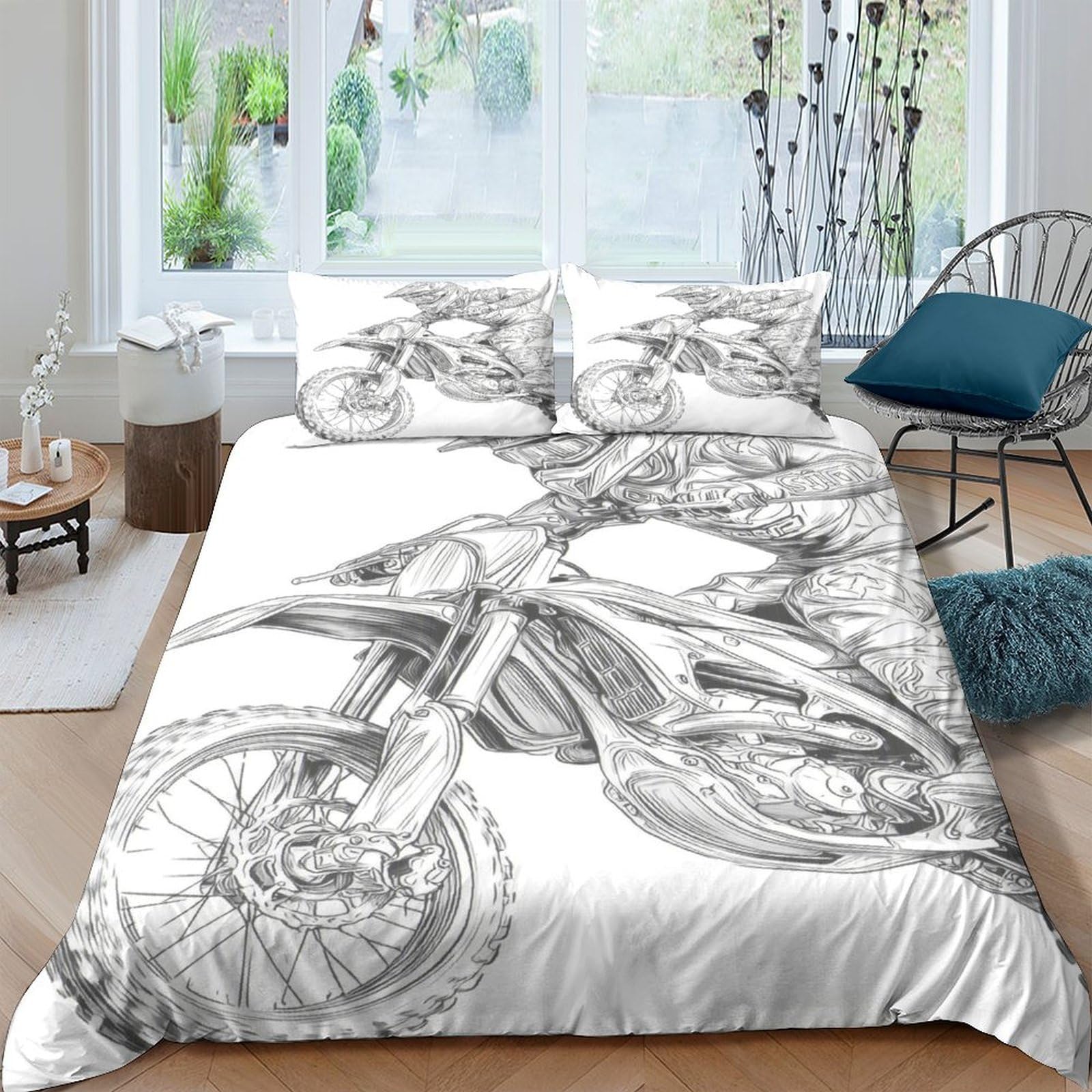 GPLZQXKJNH 3D Printed Motorcycle Sketch Duvet Cover Microfiber Soft Breathable Monochrome Bedding Set with 2 Pillowcases for Bedroom Decor Single（135x200cm）