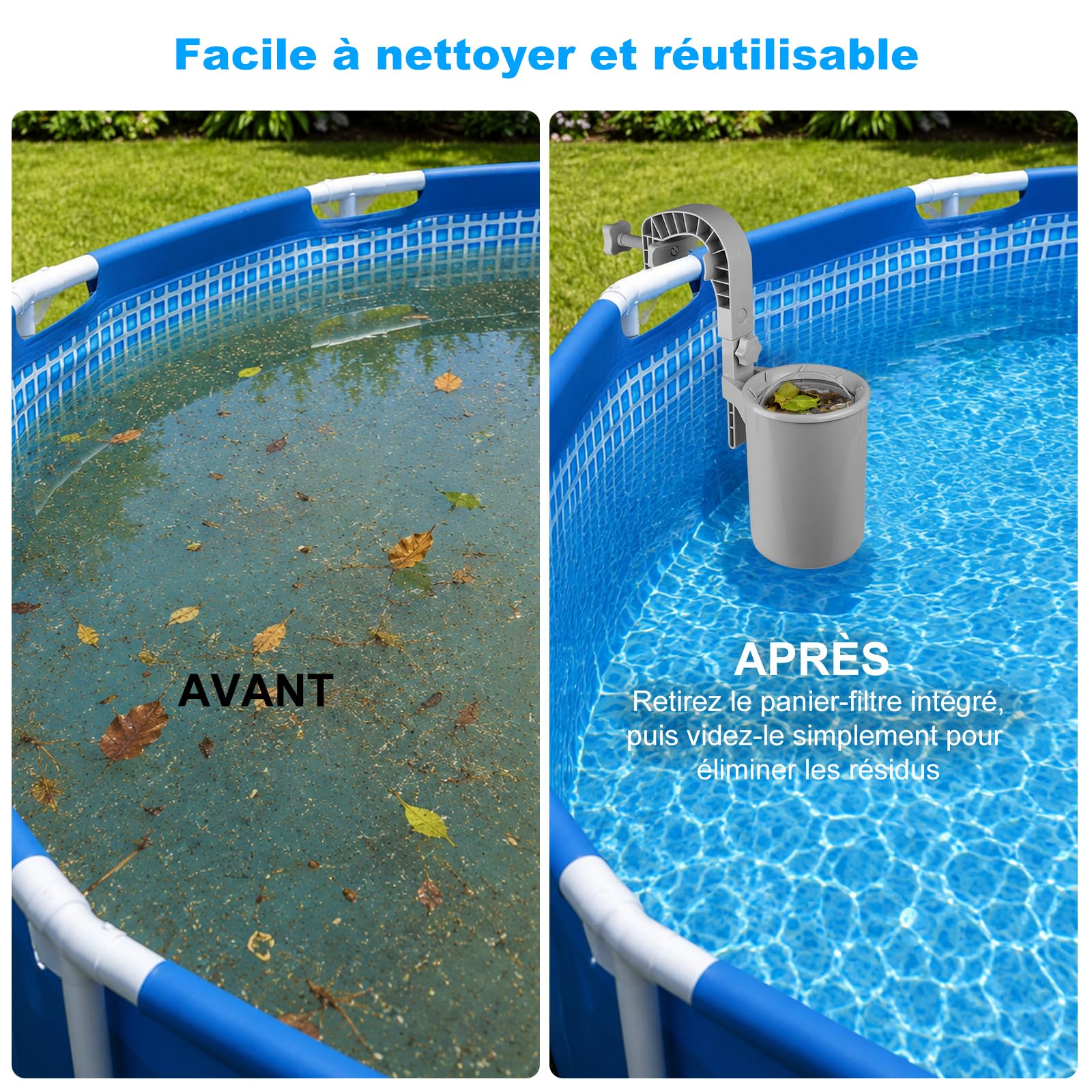 Skimmer pour Piscine Hors Sol, Skimmer Piscine Hors Sol avec Panier Filtre Réutilisable 60 Mesh, Automatique Nettoyage Feuilles débris Eau, Fixation murale avec panier filtrant, avec support universel
