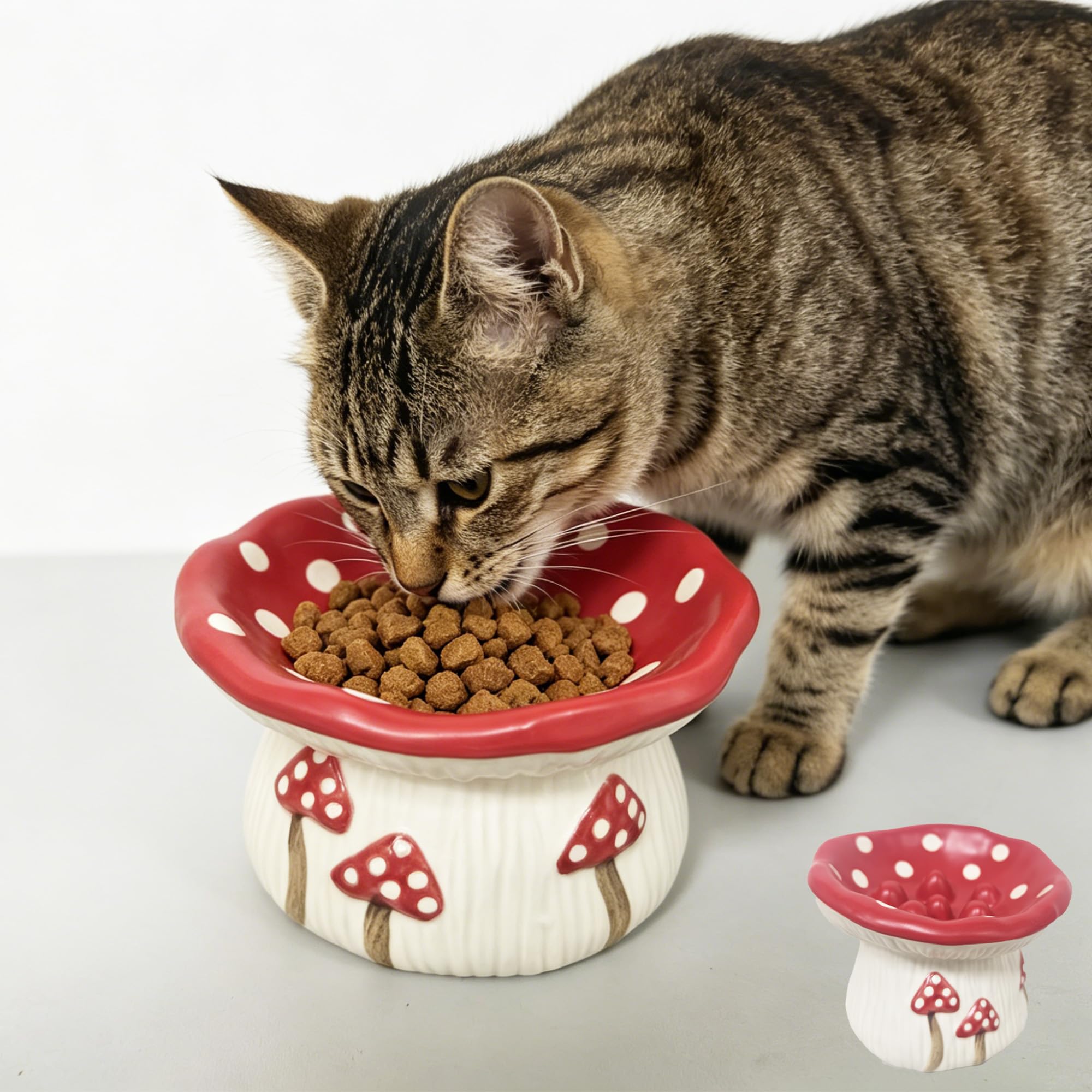 Slow Feeder Cat Bowl Ceramic with 15°Tilted, Raised Cat Bowls Elevated Cat Food Bowl, Mushroom Shaped Cat Slow Feeder Bowl for Kittens & Cats