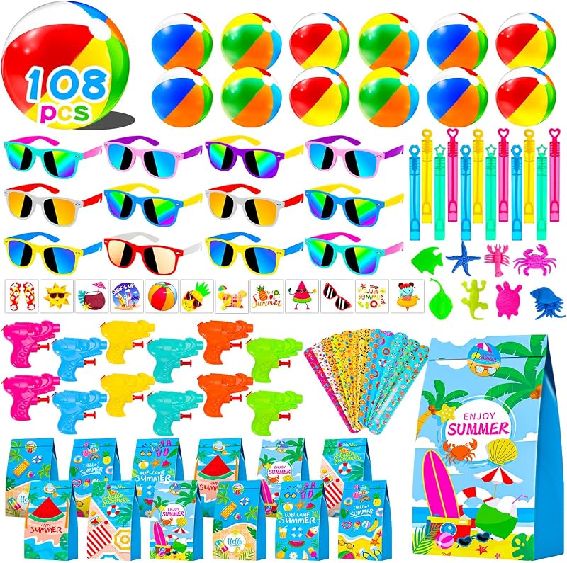108Pcs Pool Party Favors and Beach Toys for Kids 3-8 8-12, Party Bag Stuffers Set with Beach Balls, Sunglasses, Bubble Wands, More for Pool Games Birthday Party Favors End of Year Student Gifts