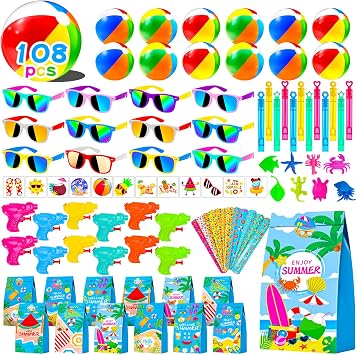 108Pcs Pool Party Favors and Beach Toys for Kids 3-8 8-12, Party Bag Stuffers Set with Beach Balls, Sunglasses, Bubble Wands, More for Pool Games Birthday Party Favors End of Year Student Gifts