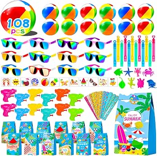 108Pcs Pool Party Favors and Beach Toys for Kids 3-8 8-12, Party Bag Stuffers Set with Beach Balls, Sunglasses, Bubble Wands, More for Pool Games Birthday Party Favors End of Year Student Gifts