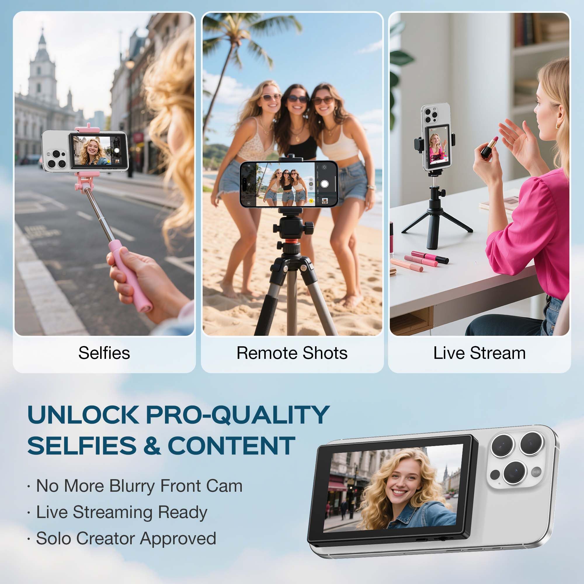 AMAZEAR Teléfono magnético Vlog Selfie Monitor pantalla con control táctil, HD Wireless Bluetooth Remote, cámara trasera para Live Stream TikTok YouTube, compatible con iPhone y Android