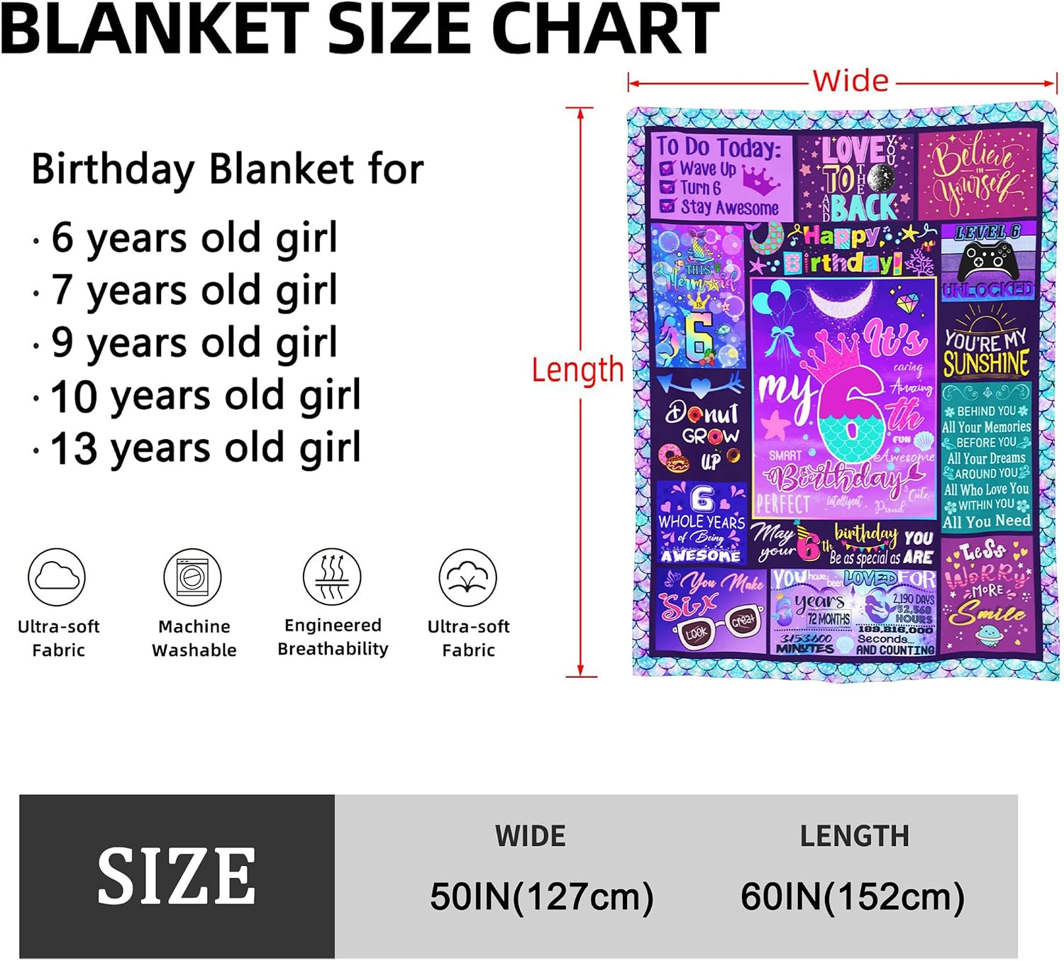 6 Year Old Girl Birthday Gift Ideas Throw Blanket, 6th Birthday Gifts for Girls, Happy 6th Birthday Decorations, Best Birthday Gifts for 6 Year Old Girls Daughter Bestie Sister 50" x 60"