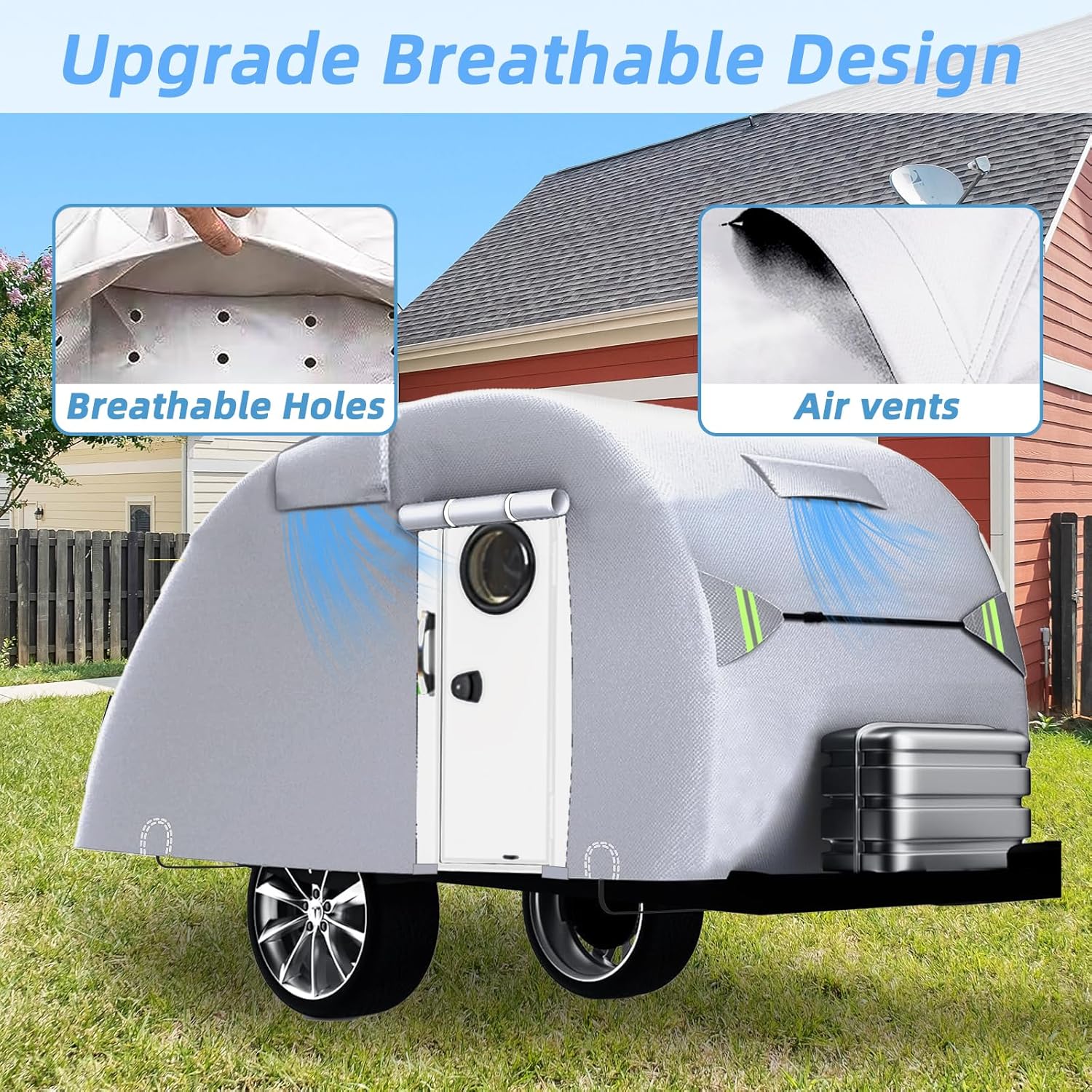 Teardrop Camper Cover Waterproof, Fade and Tear Resistant Travel Trailer Cover Fits 15ft, Utility Silver Coated Fabric RV with Metal Buckle, Outdoor Windproof Heavy-Duty Camper Covers