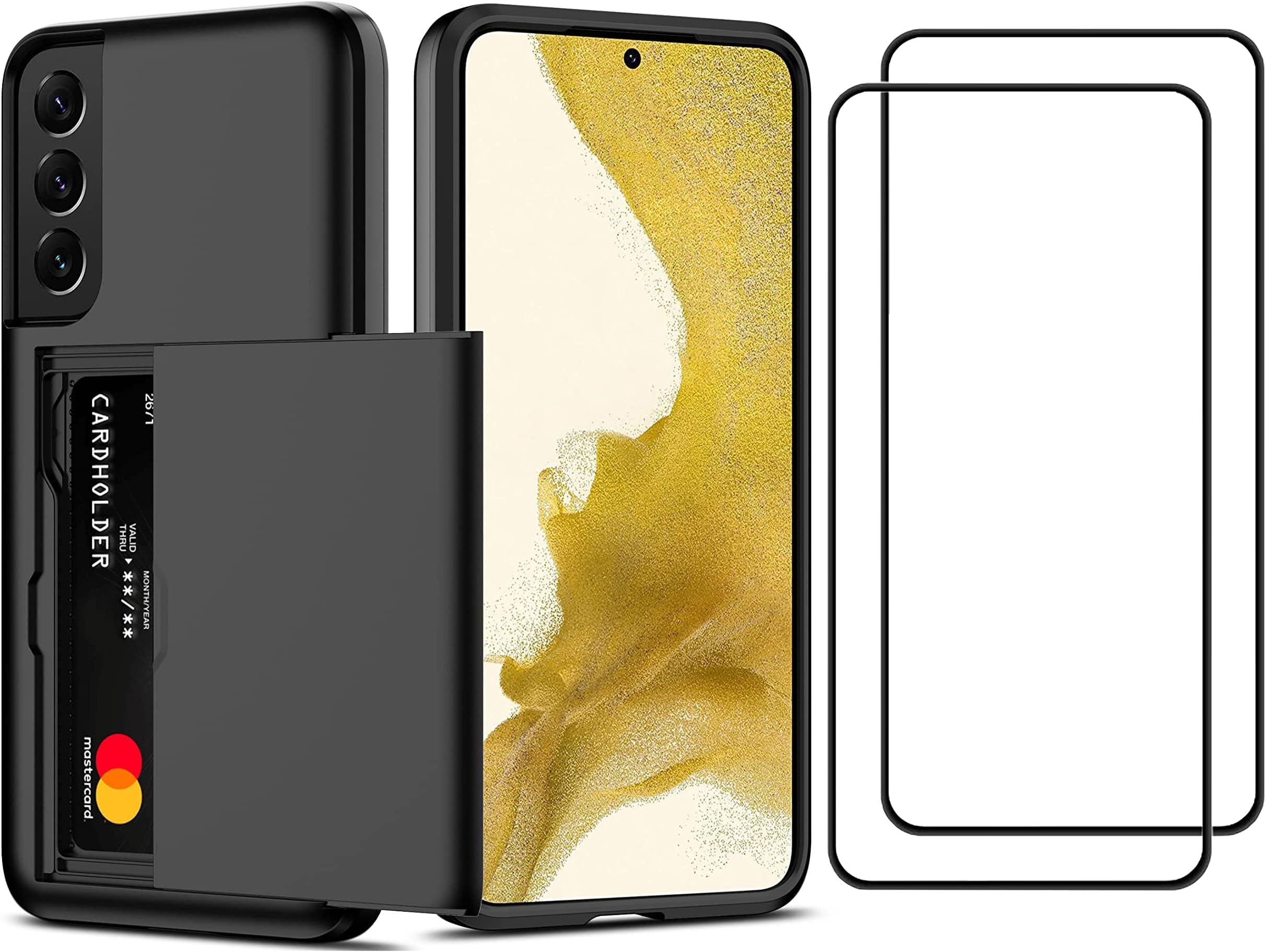 PUCHEN[1+2] for Samsung S23 Plus Case with Tempered Glass Screen Protector(2PCS), Dual Layer Heavy Duty Hidden Card Holder Slot Wallet Case for S23 Plus (Black, S23 Plus)