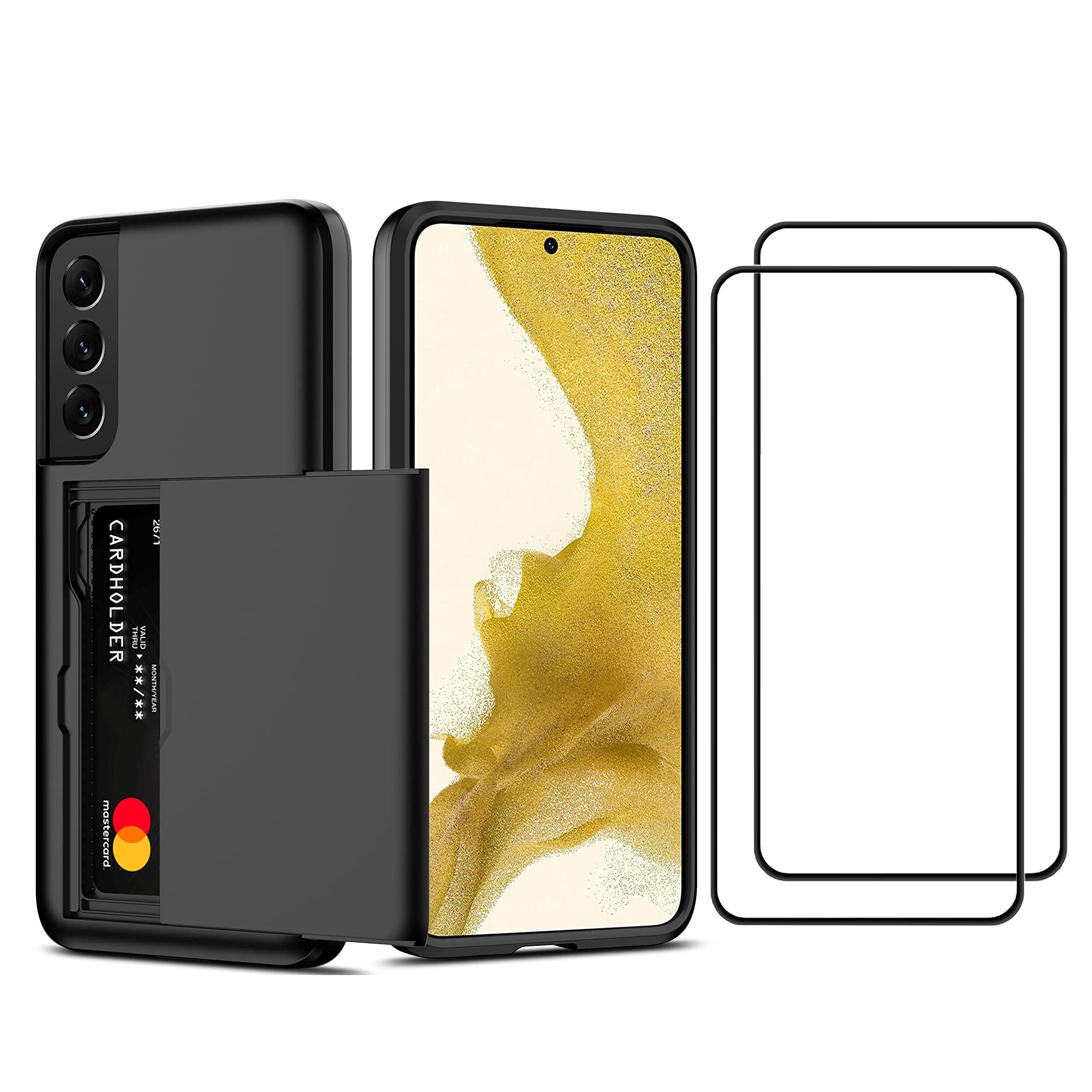 PUCHEN[1+2] for Samsung S23 Plus Case with Tempered Glass Screen Protector(2PCS), Dual Layer Heavy Duty Hidden Card Holder Slot Wallet Case for S23 Plus (Black, S23 Plus)