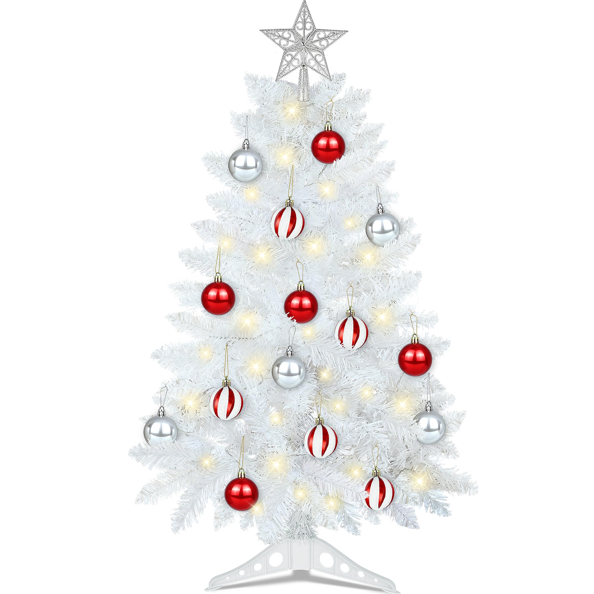 [Timer &amp; 8 Modes] 3FT White Christmas Tree with Lights, Small Christmas Tree with Star -Includes 15 Xmas Balls Ornament White Xmas Tree for Home Tabletop Office Indoor and Outdoor