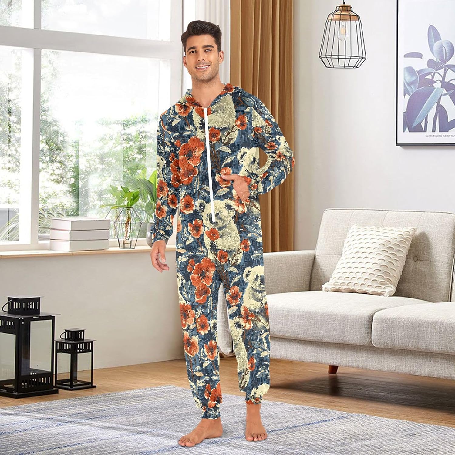 Koala Forest Floral Adult Onesie Pajamas Novelty One Piece Costume Sleepwear Jumpsuits Matching PJS