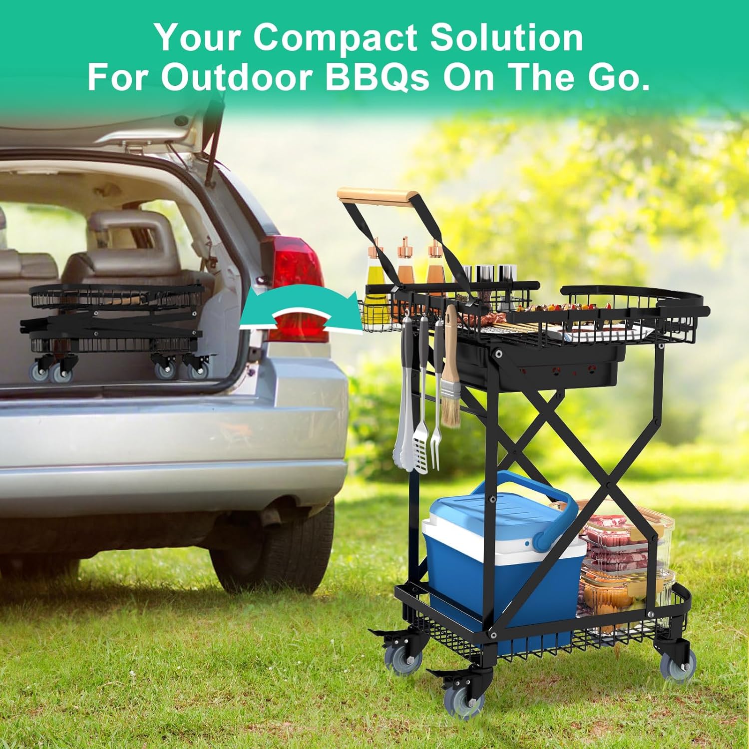 NADAMOO Foldable Charcoal Grill Cart with Rolling Wheels & Storage, Instant Fold Portable BBQ Trolley for Outdoor Barbecue, Travel, Camping, Picnics, Party, Backyard