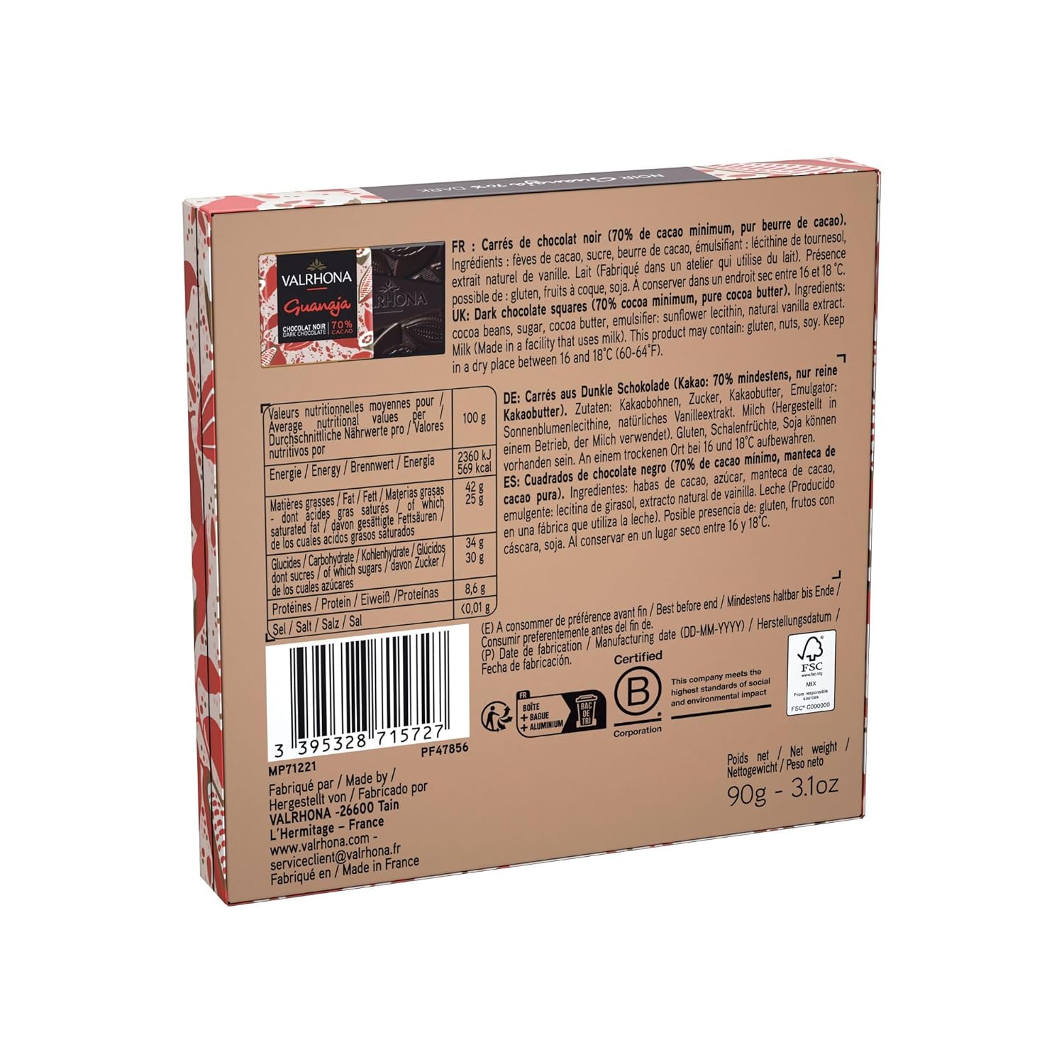 Valrhona Premium Dark Chocolate Gift Box GUANAJA 70% Cacao 18 Squares with flowery notes. Gourmet French Chocolate. Exquisite Perfect Present. Individually Wrapped, Giftable.