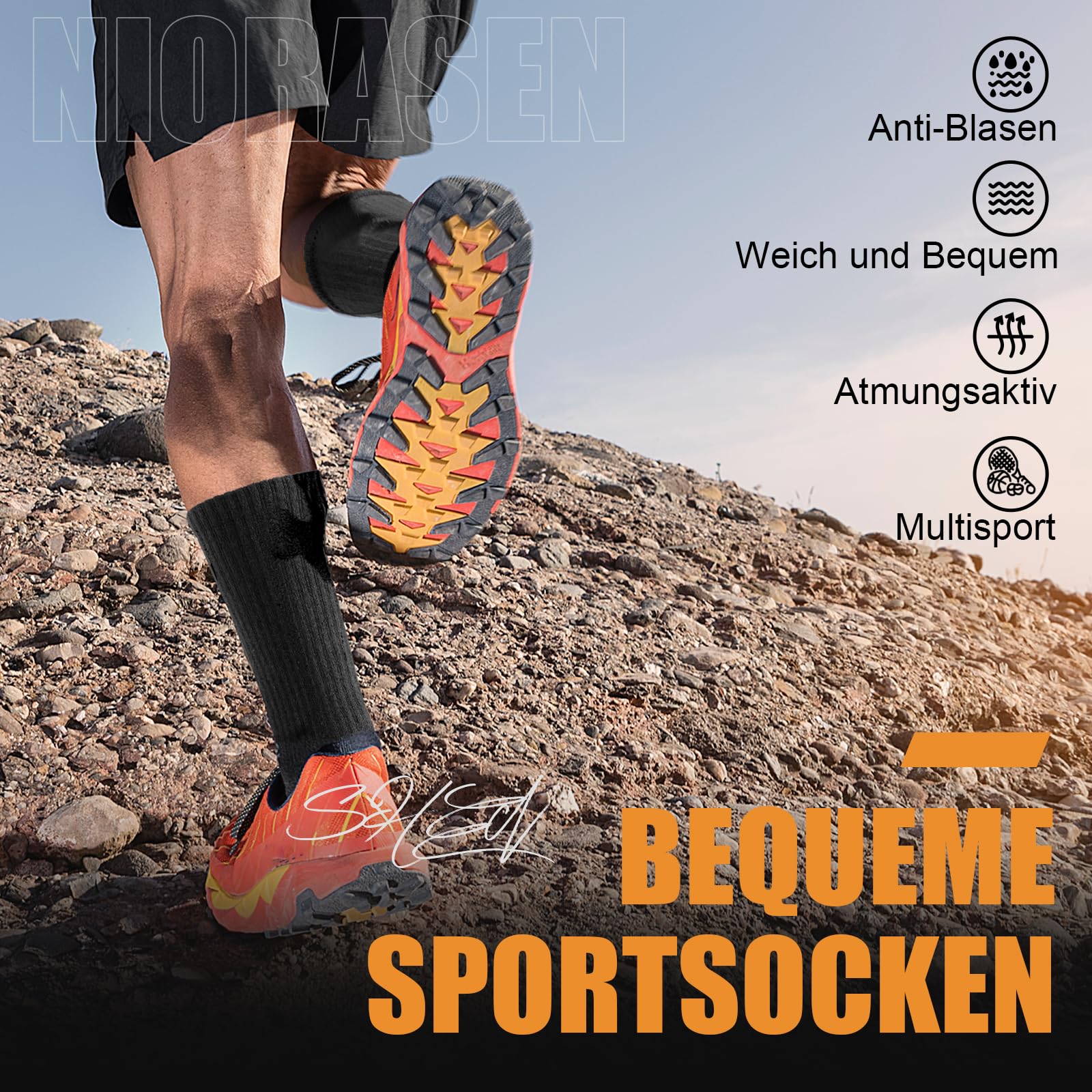 Niorasen Socken Herren Damen, 6 Paar Atmungsaktive Wandersocken Tennissocken Sportsocken, Baumwolle Gepolsterte Hochleistung Laufsocken Arbeitssocken, 43-46 39-42 35-38 47-50
