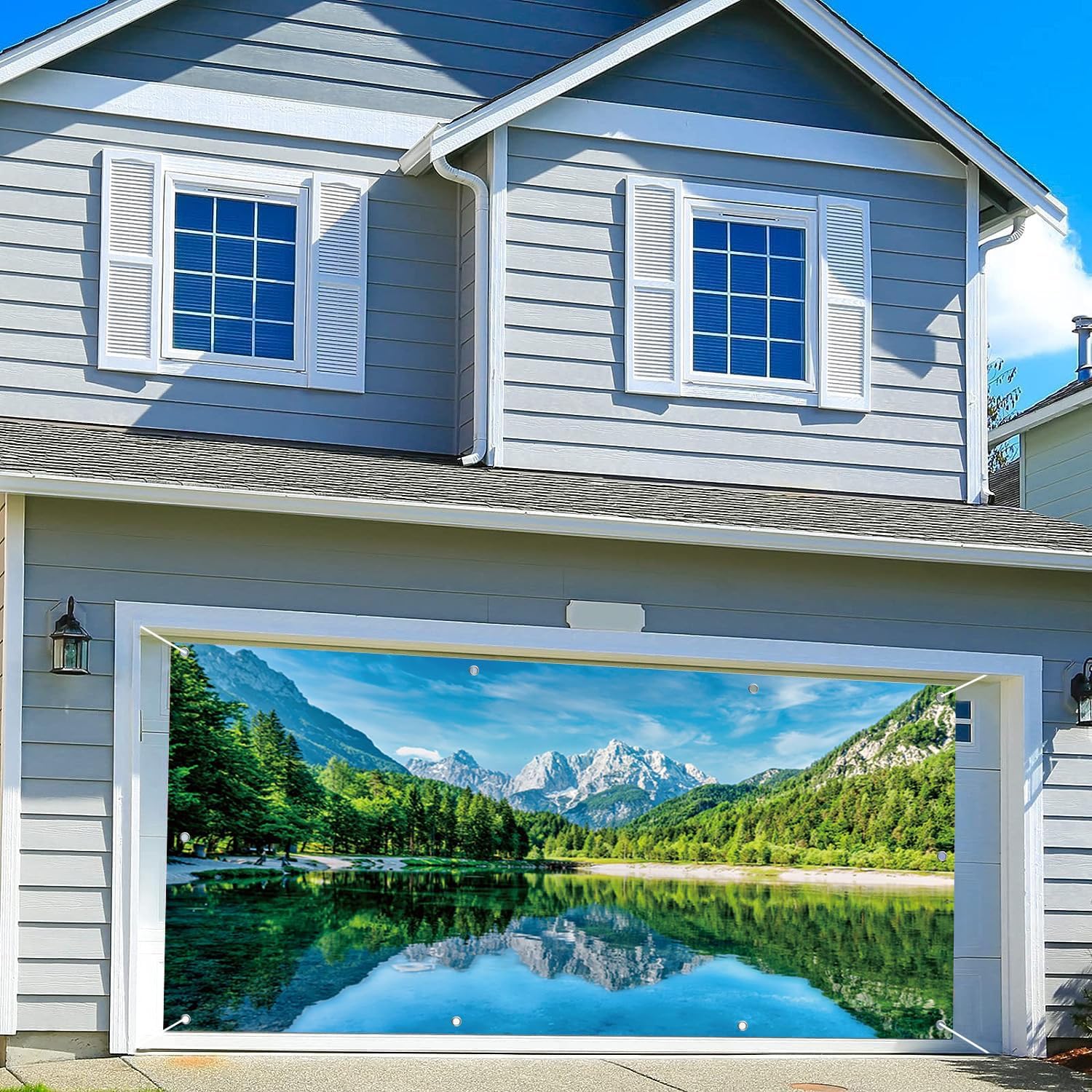 7x16ft Mountain Garage Door Cover,Forest Lake Landscape Nature Scenery Garage Door Banner Decorations Camping Picnic Decorations Photo Studio Props