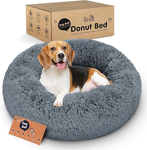 Cama para perros con forma de dona, comodidad prémium para aliviar la ansiedad, diseño esponjoso y calmante con soporte ultra afelpado, acogedora