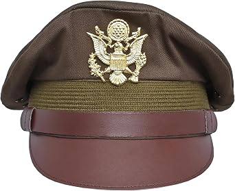 USA Army Olive Cotton Officer Peek Cap with Leather Chin Strap Metal Insignia