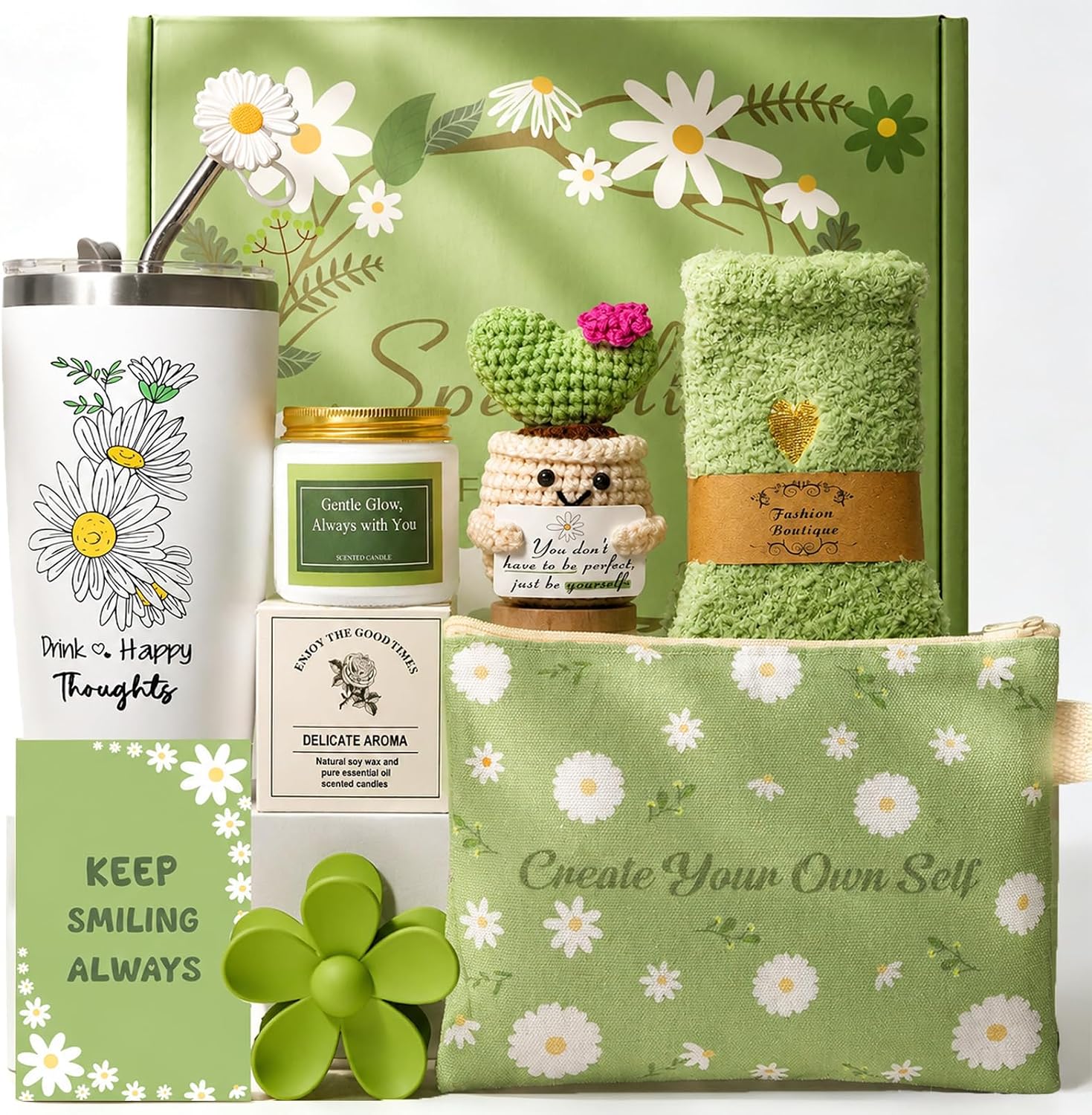 Gift Basket for Women - Unique Self Care & Birthday Gift Set for Her, Bestie, Sister, Teen Girl | Inspirational Green Friendship Gift Box, Get Well Soon & Thinking of You Gift - Brighten Her Day