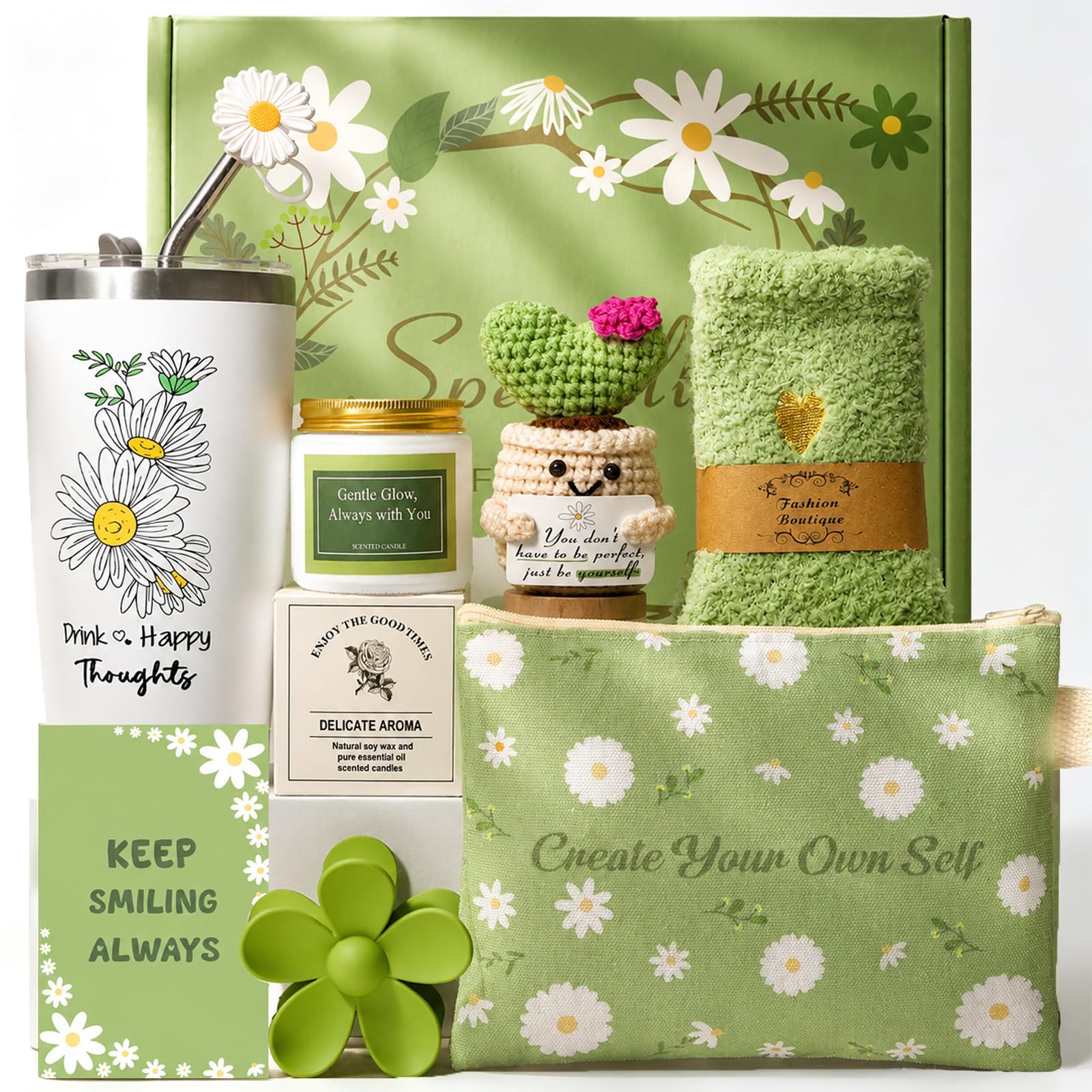 Gift Basket for Women - Unique Self Care &amp; Birthday Gift Set for Her, Bestie, Sister, Teen Girl | Inspirational Green Friendship Gift Box, Get Well Soon &amp; Thinking of You Gift - Brighten Her Day