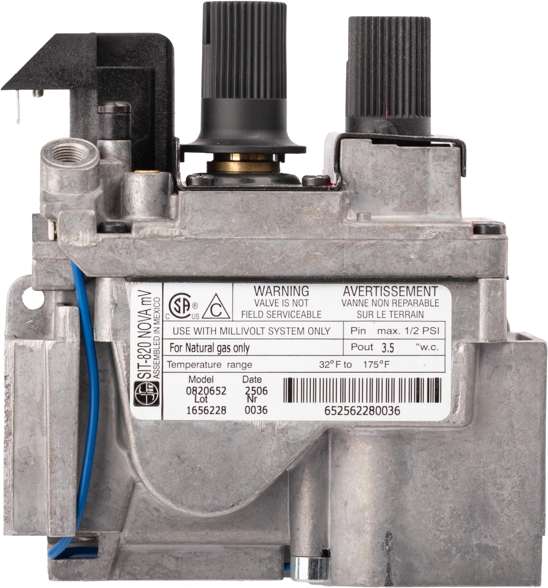0820652 SIT 820 Nova mV Natural Gas Replacement Millivolt Gas Valve for Fireplaces, Stoves, and Gas Logs - Replacement OEM components for Direct Vent Appliances