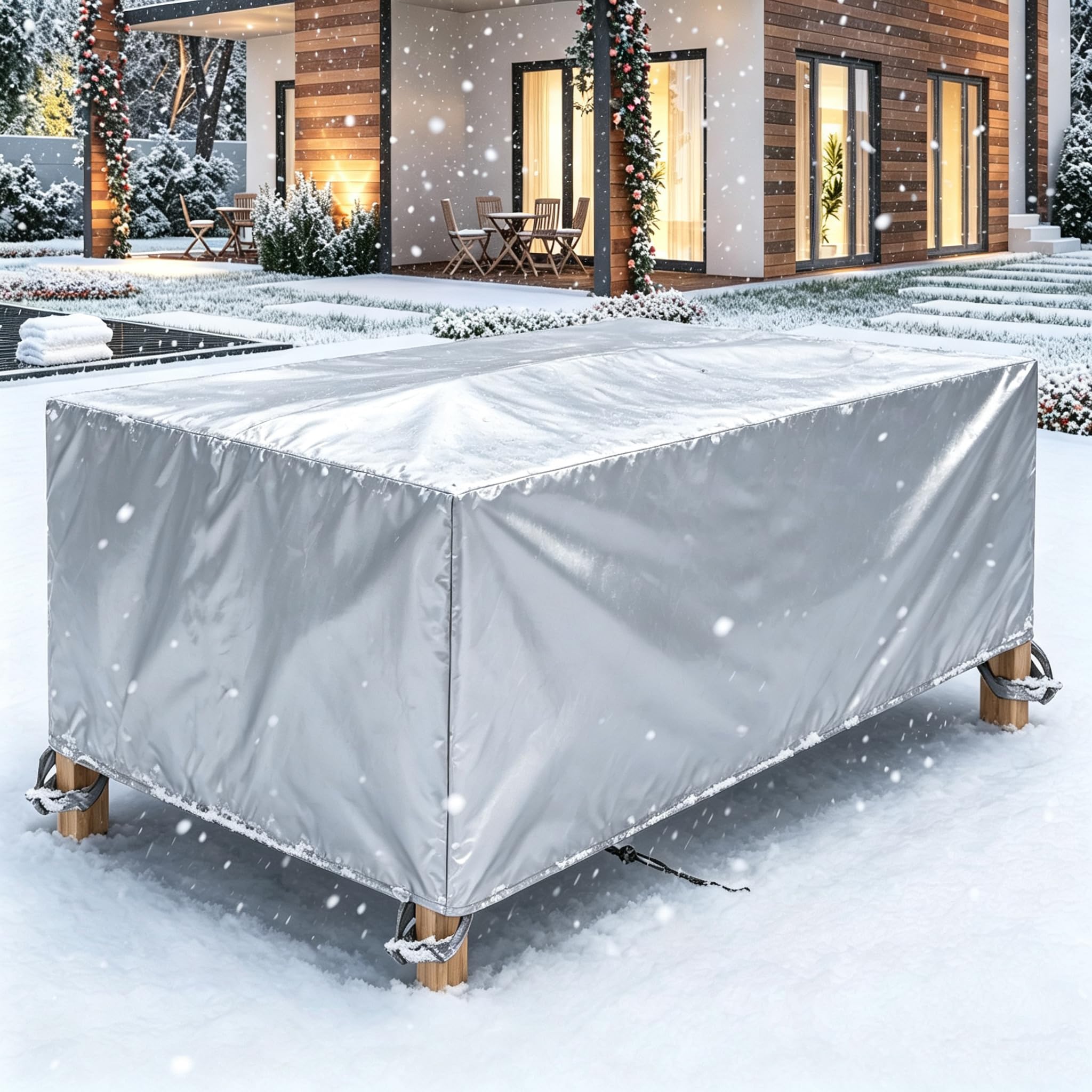 Funda Muebles Exterior Impermeable 345x100 Cubierta de Mesa de Jardín 345x100x60cm/LaxAnxAl 936D Oxford Anti-Viento Anti-UV Funda Protectora Exterior para Mesa Y Sillas Sofá - Plata