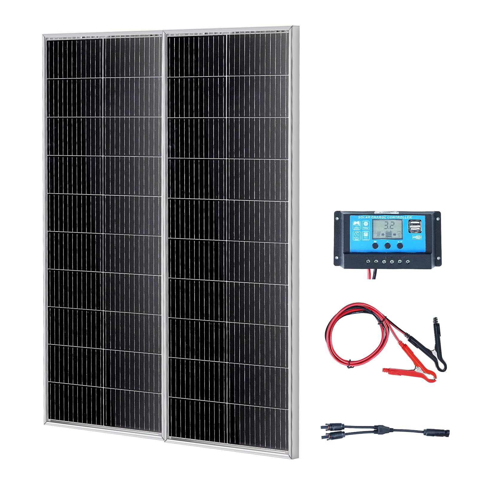 VEVOR Panel słoneczny 200 W, zestaw 2 sztuk, monokrystaliczny moduł solarny 12 V, regulator ładowania, instalacja solarna 16,66 A, współczynnik konwersji 23%, kompatybilny z bateriami AGM, żelowymi,