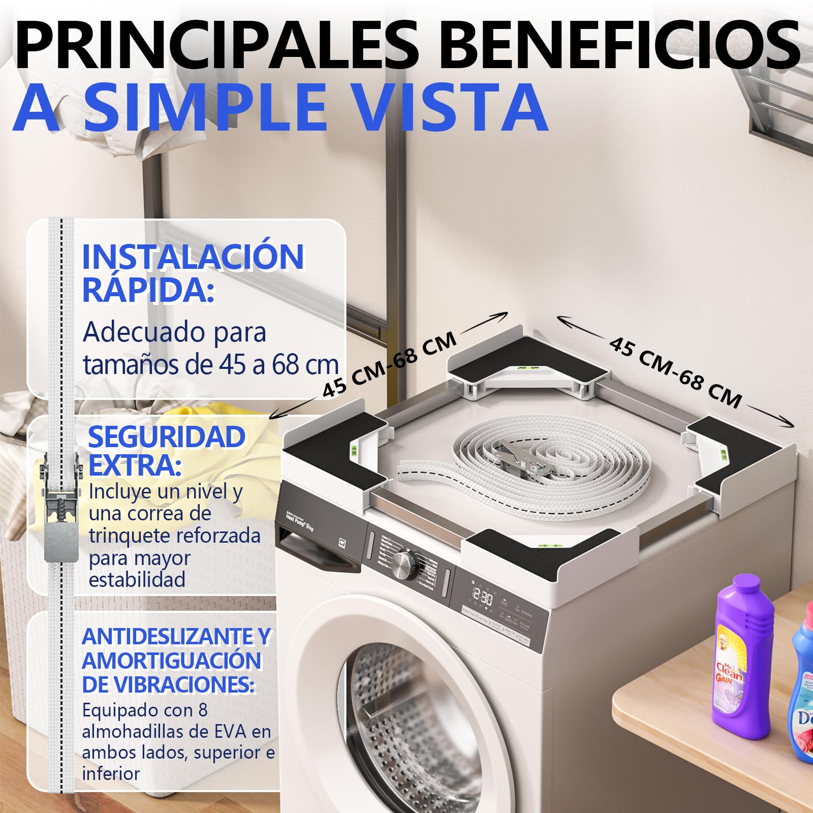 Kit de apilamiento universal para lavadora y secadora, Rango de marco ajustable de 45 a 68 cm, Ofrece soluciones para apilar lavadoras y secadoras de diferentes tamaños (Blanco) — view 2
