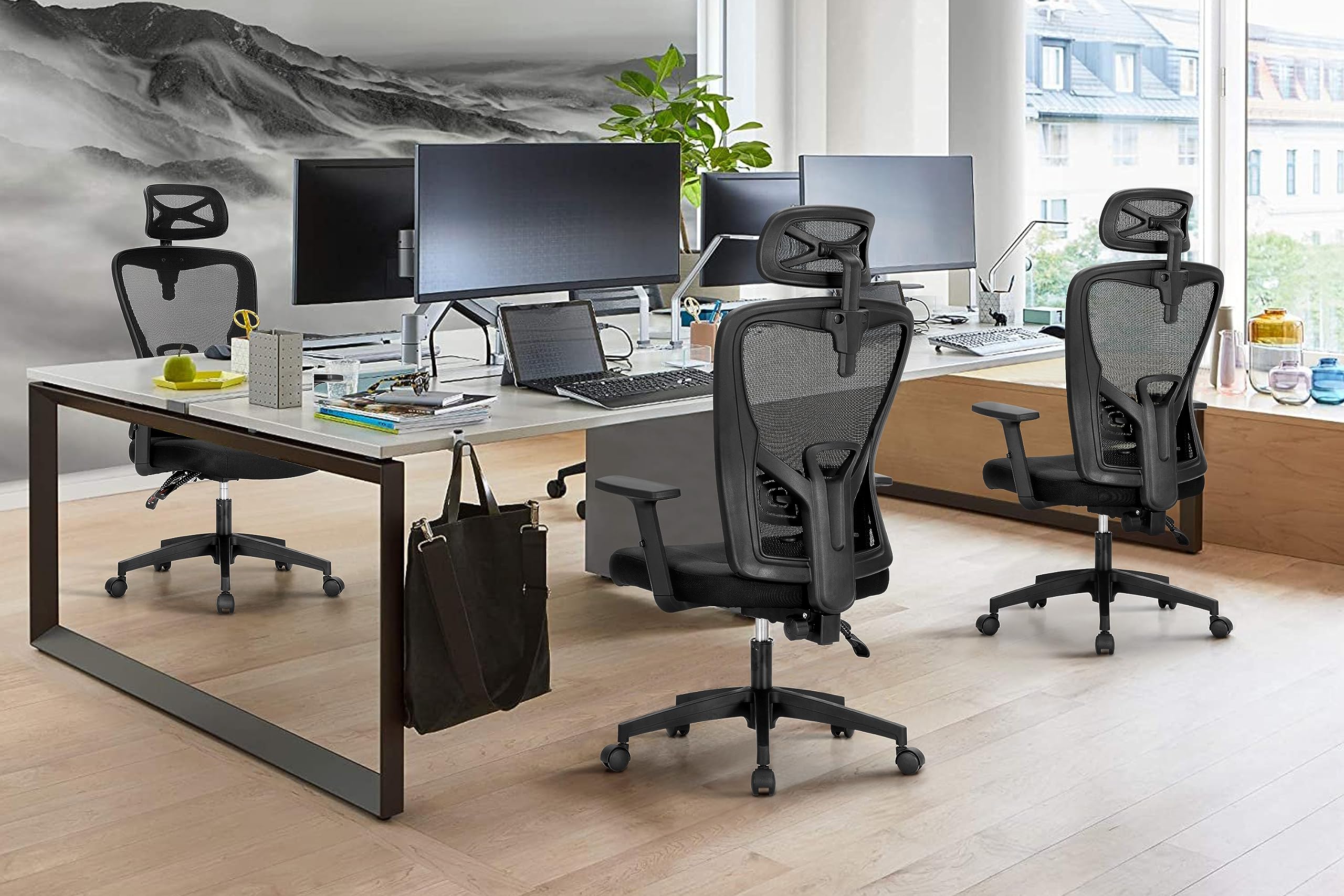 ALPHA HOME Sedia da ufficio ergonomica in rete, con schienale alto, per computer, casa e ufficio, inclinabile a 90-135°, con poggiatesta regolabile, supporto lombare e braccioli, per lavoro e studio